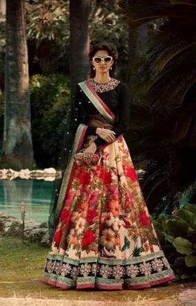 Gorgeous Colourful Floral Printed Lehenga with Black Choli