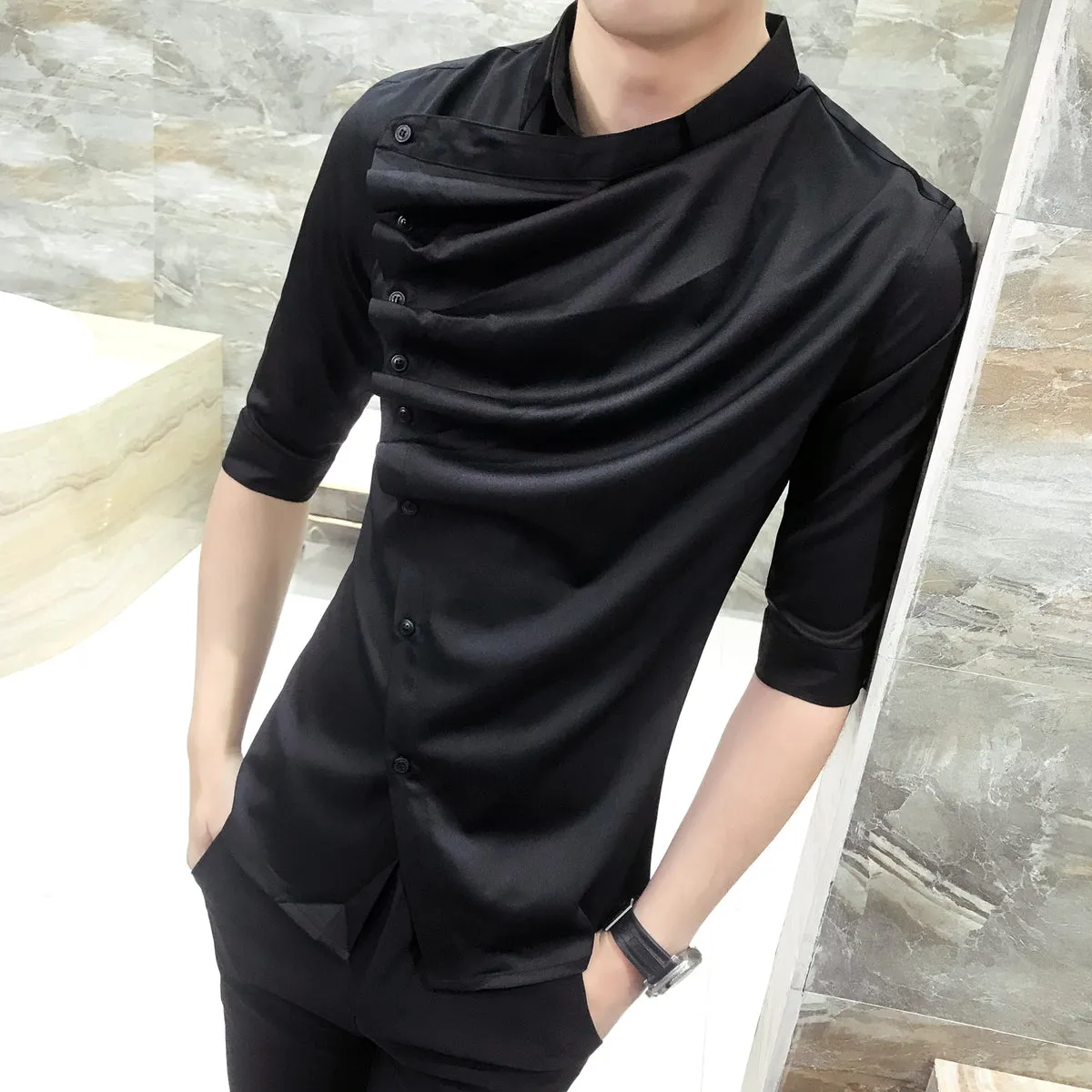 Gothic Style Side Ruffle Men Slim Shirt