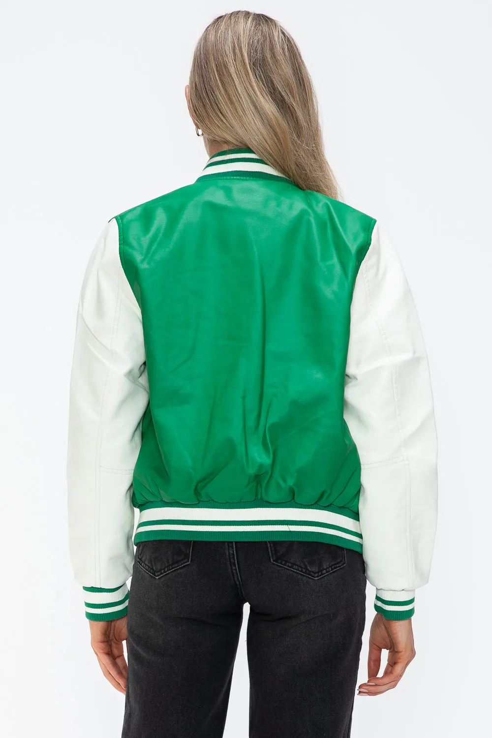 Green Milk PU Leather Contrast Snap Down Bomber Jacket