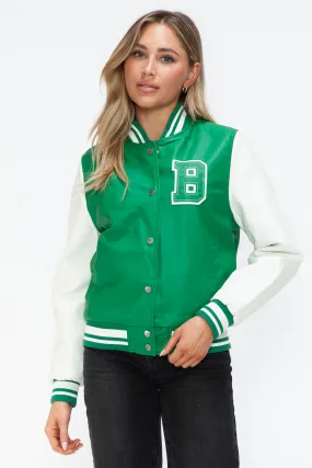 Green Milk PU Leather Contrast Snap Down Bomber Jacket