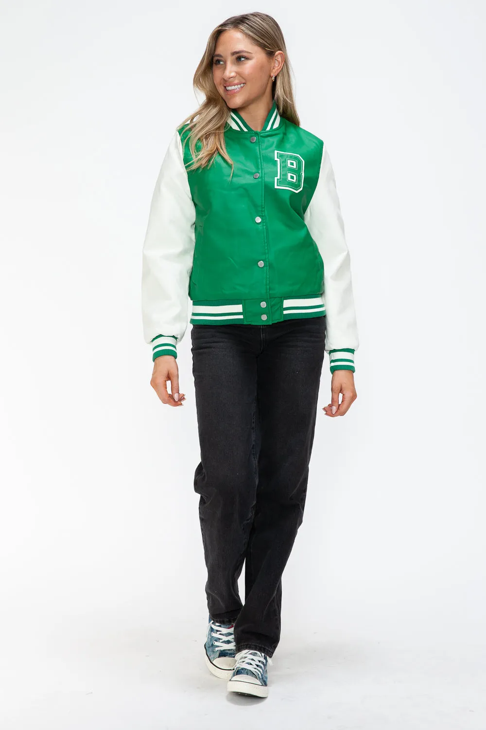 Green Milk PU Leather Contrast Snap Down Bomber Jacket