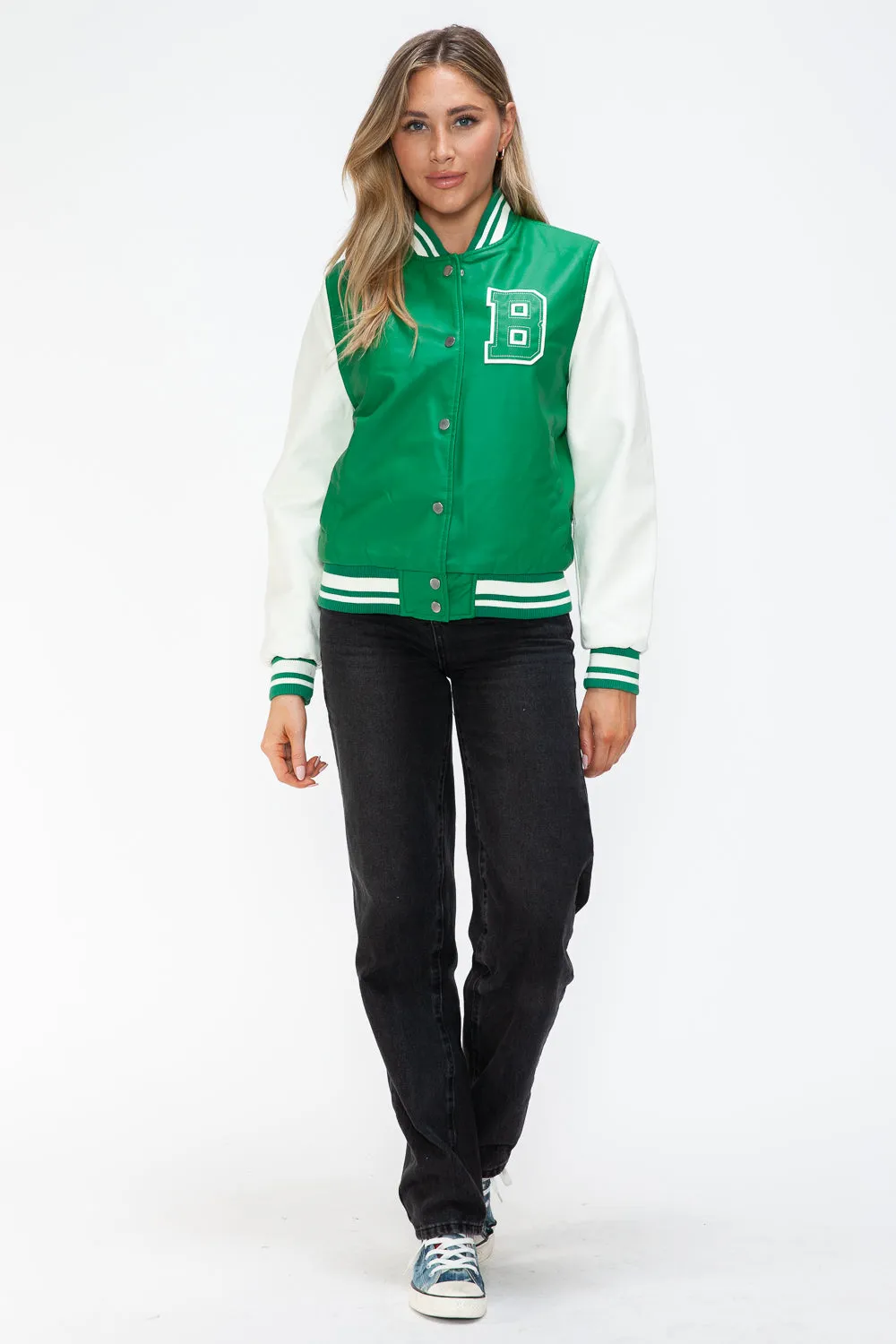 Green Milk PU Leather Contrast Snap Down Bomber Jacket