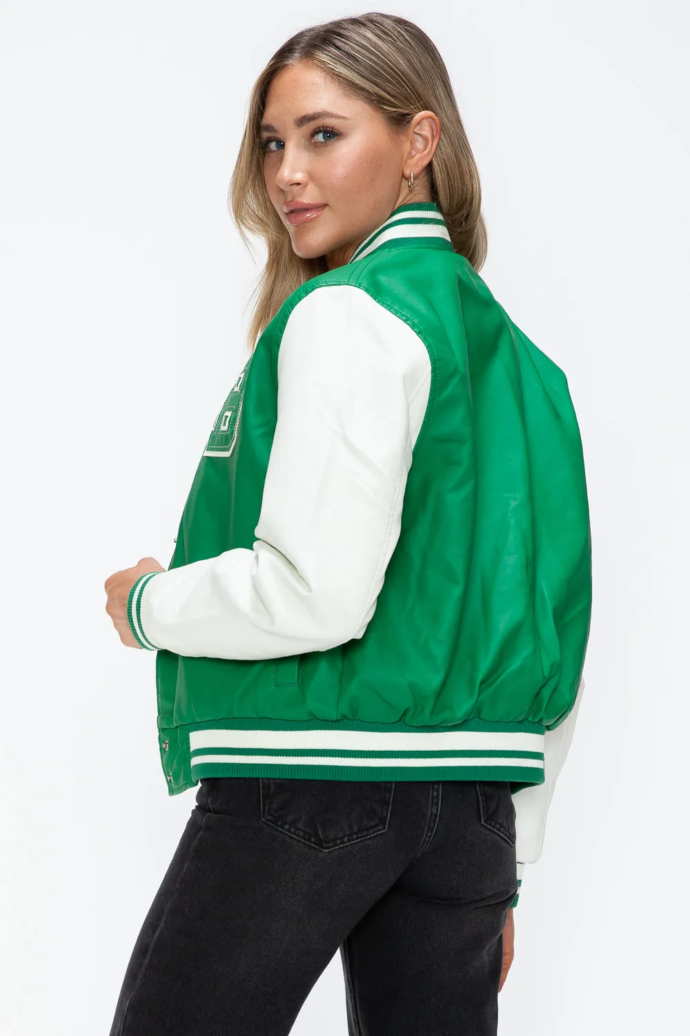 Green Milk PU Leather Contrast Snap Down Bomber Jacket