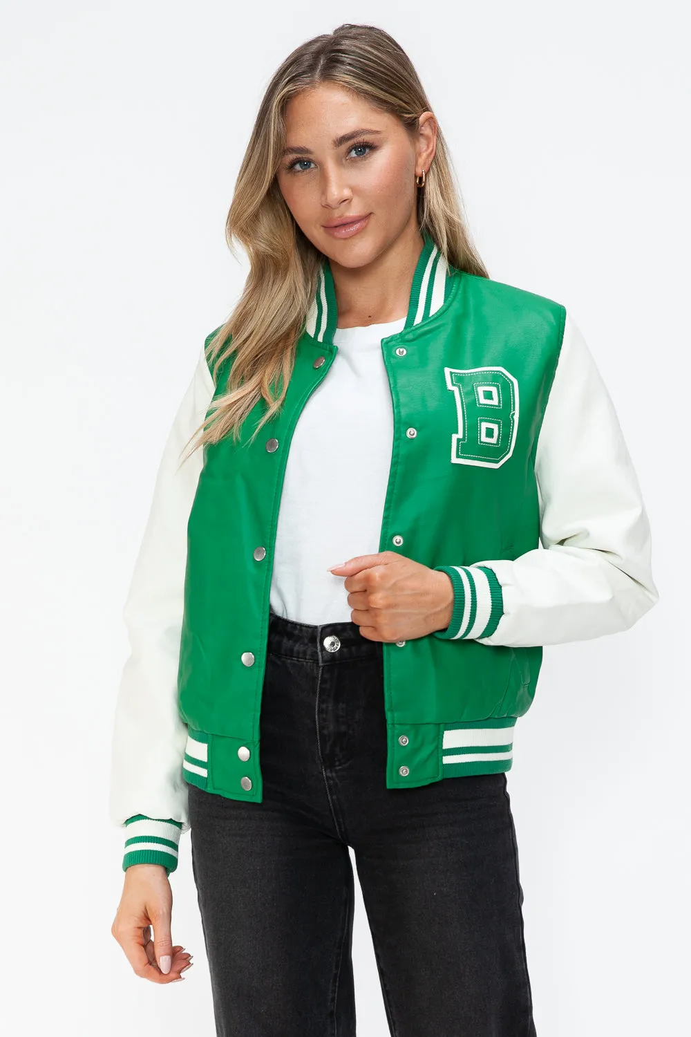 Green Milk PU Leather Contrast Snap Down Bomber Jacket