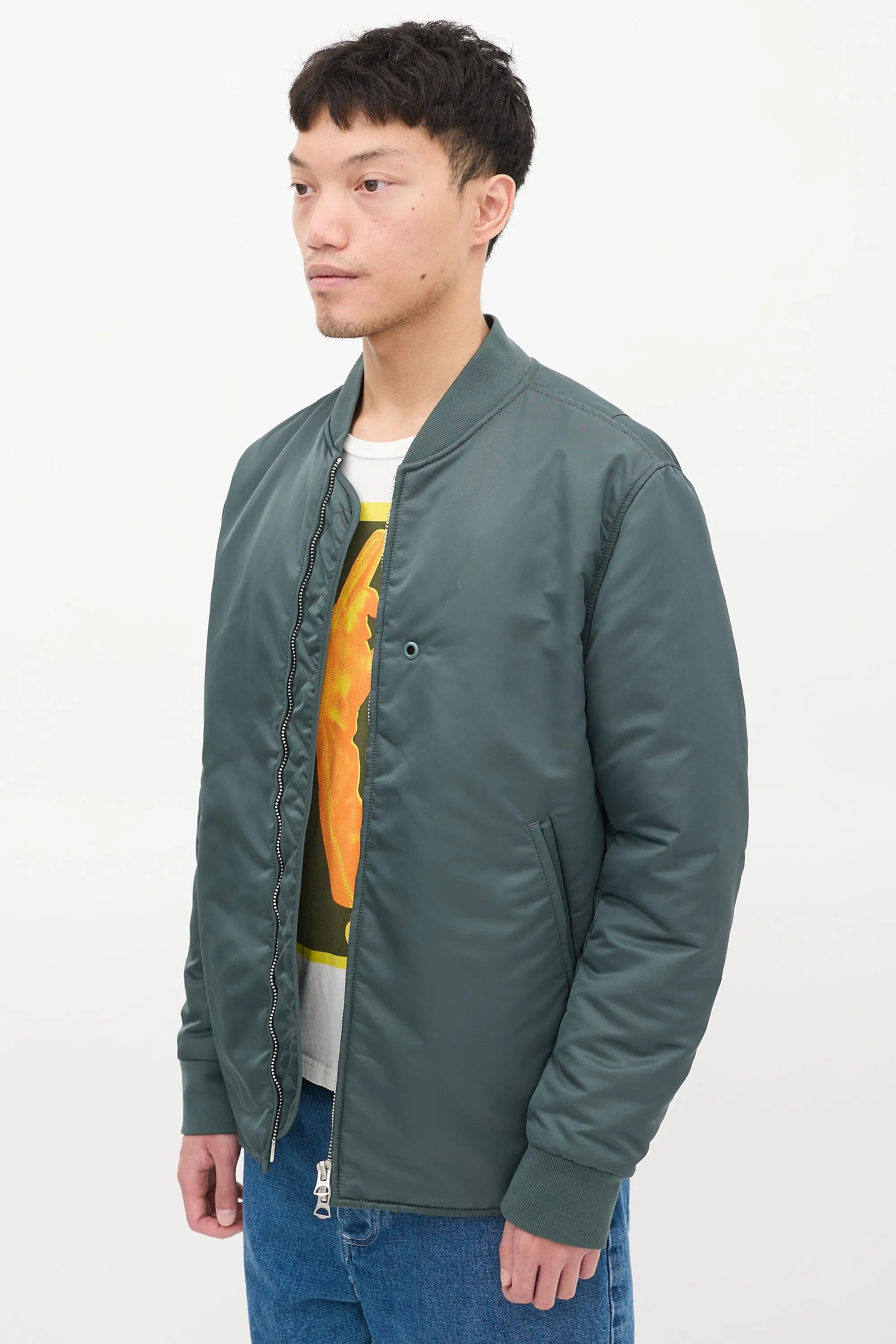 Green Nylon Two Pocket Bomber Jacket