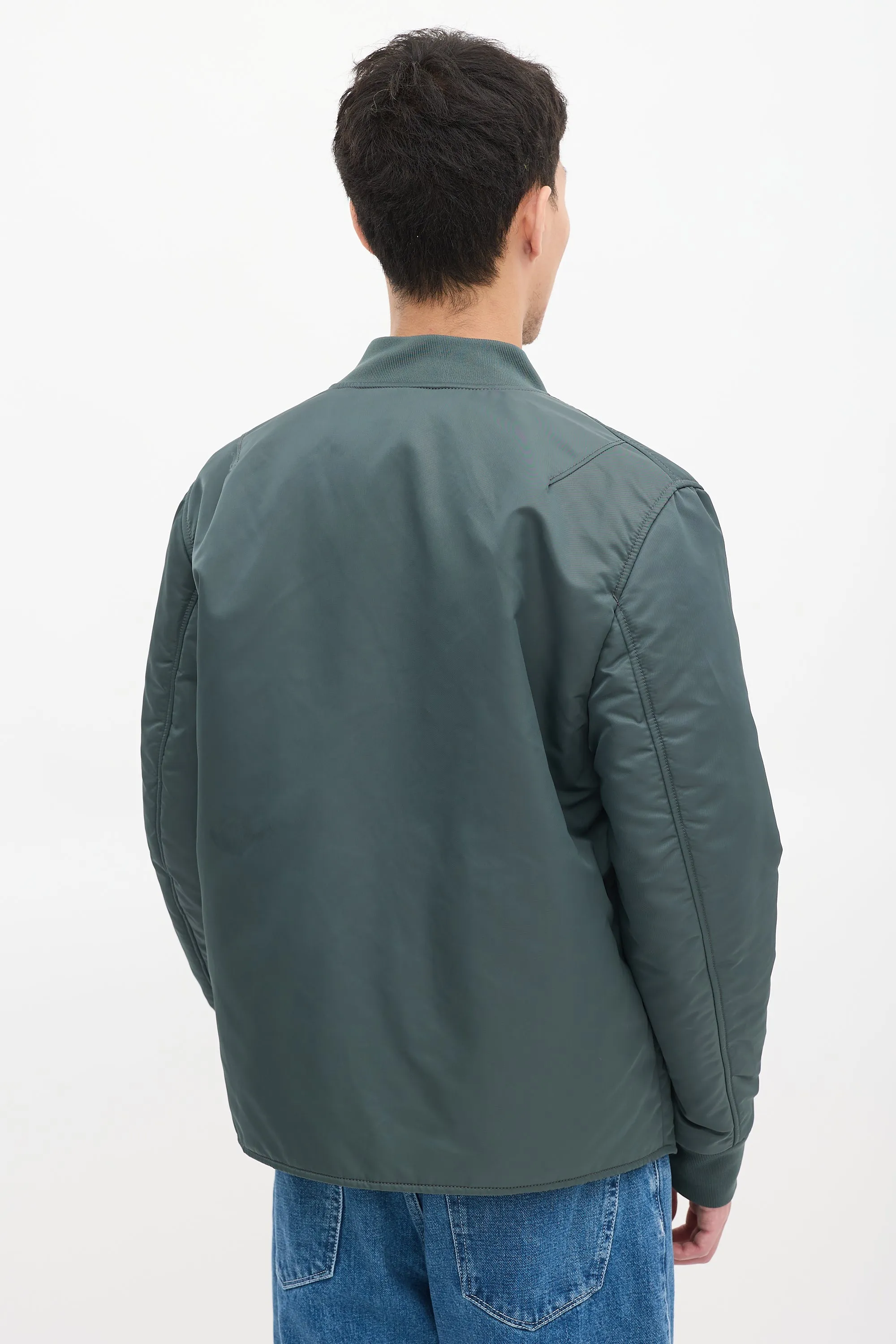 Green Nylon Two Pocket Bomber Jacket