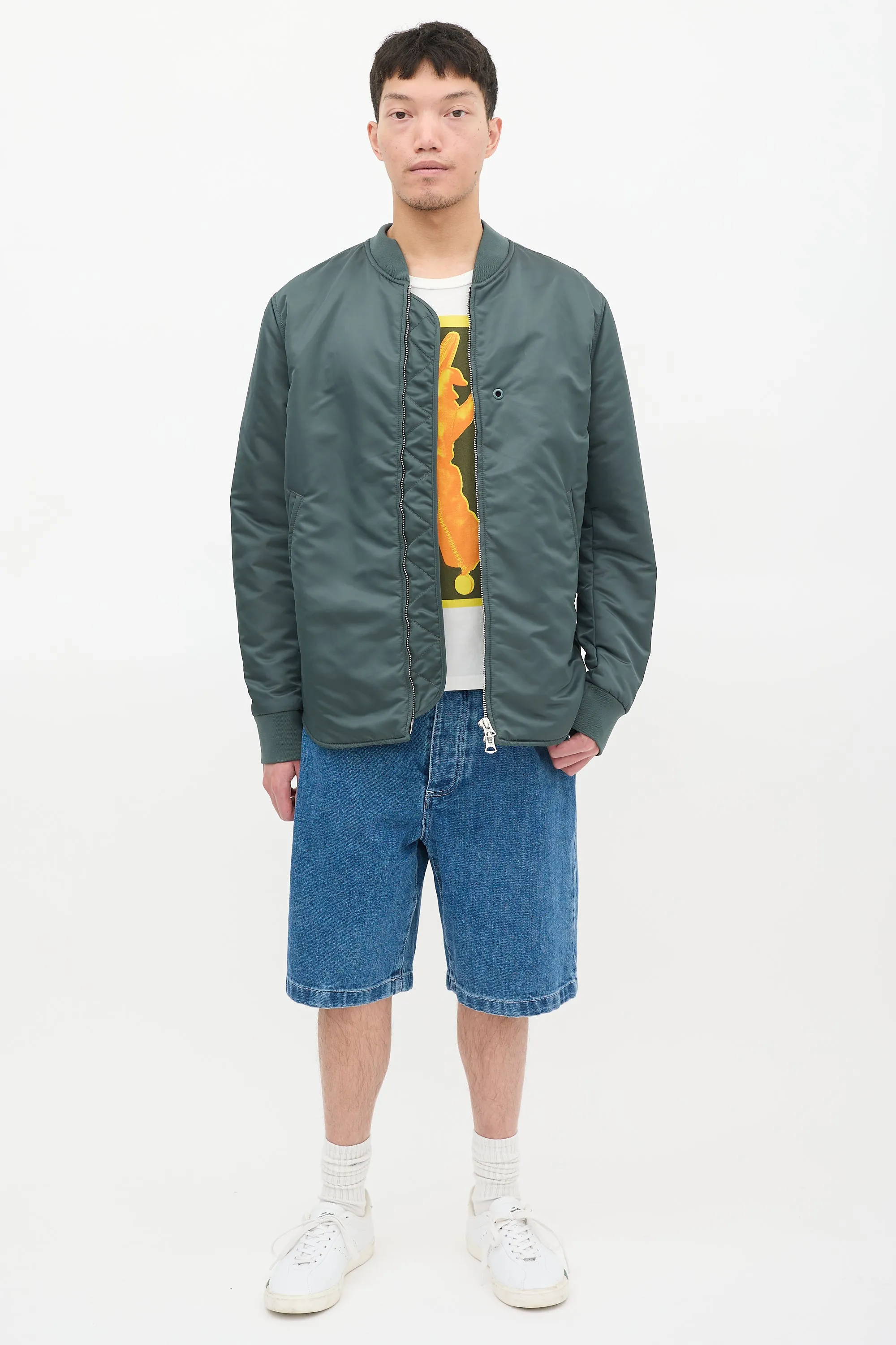 Green Nylon Two Pocket Bomber Jacket