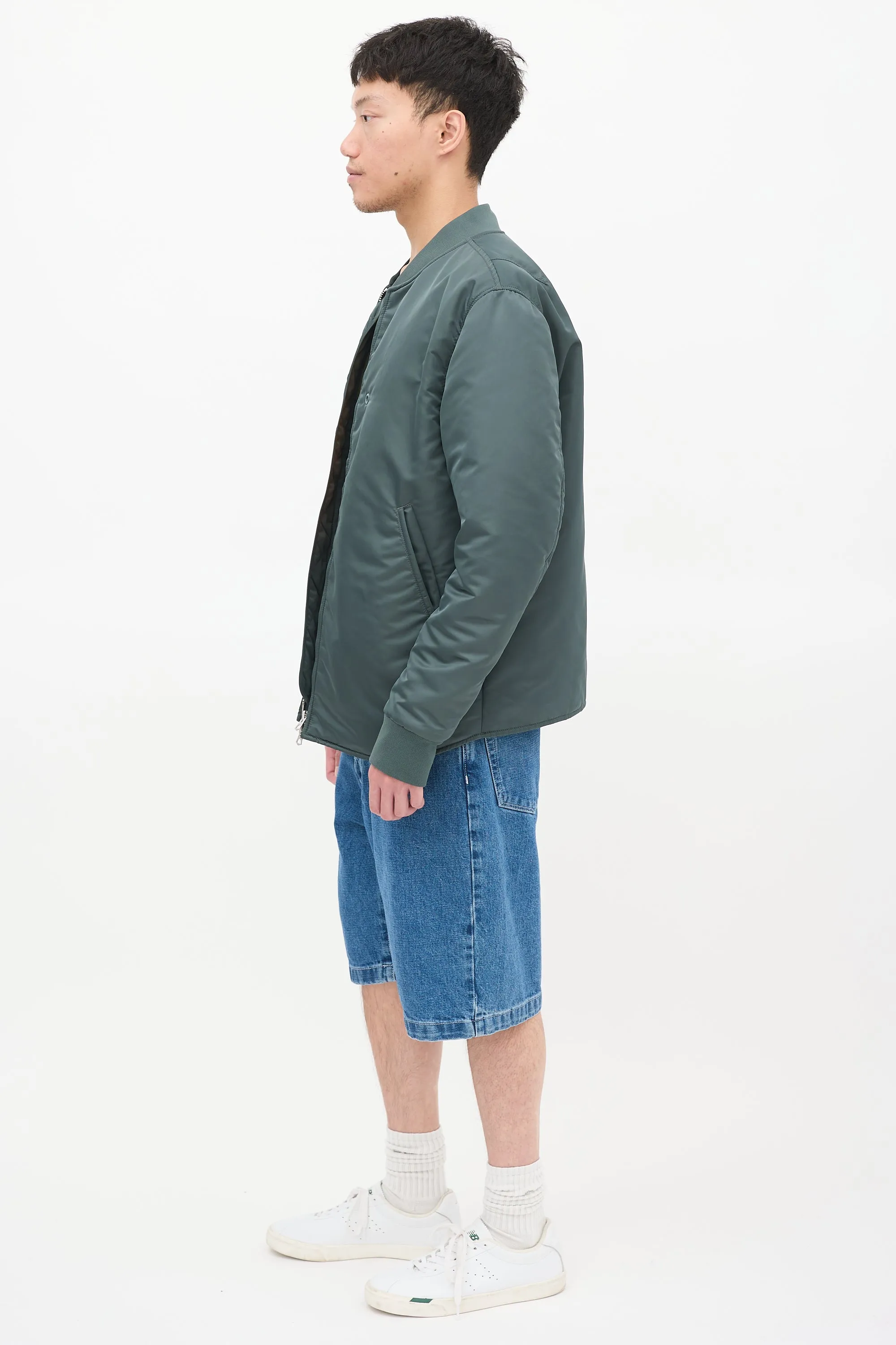 Green Nylon Two Pocket Bomber Jacket