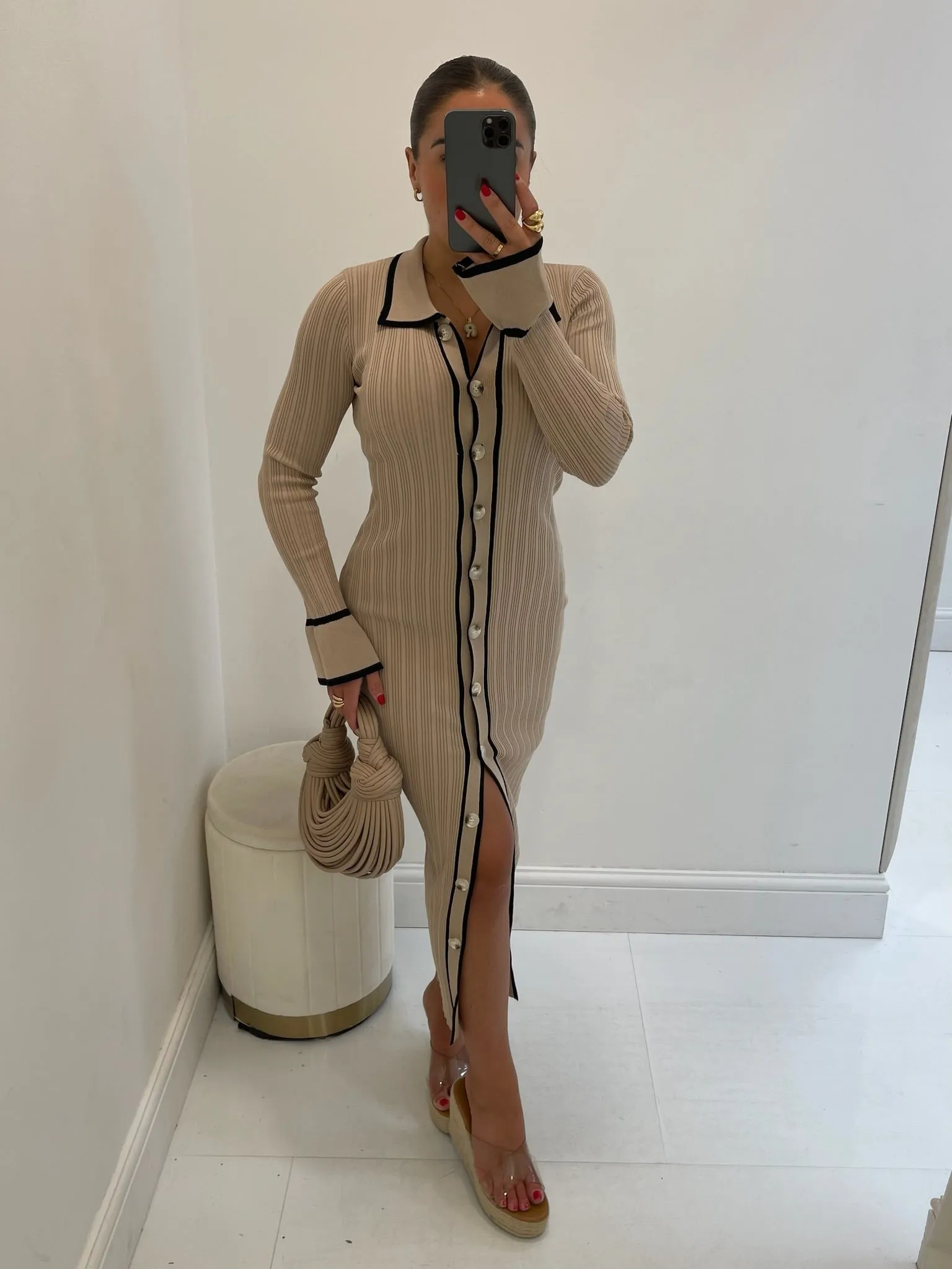 Hallie mocha midi ribbed bodycon dress