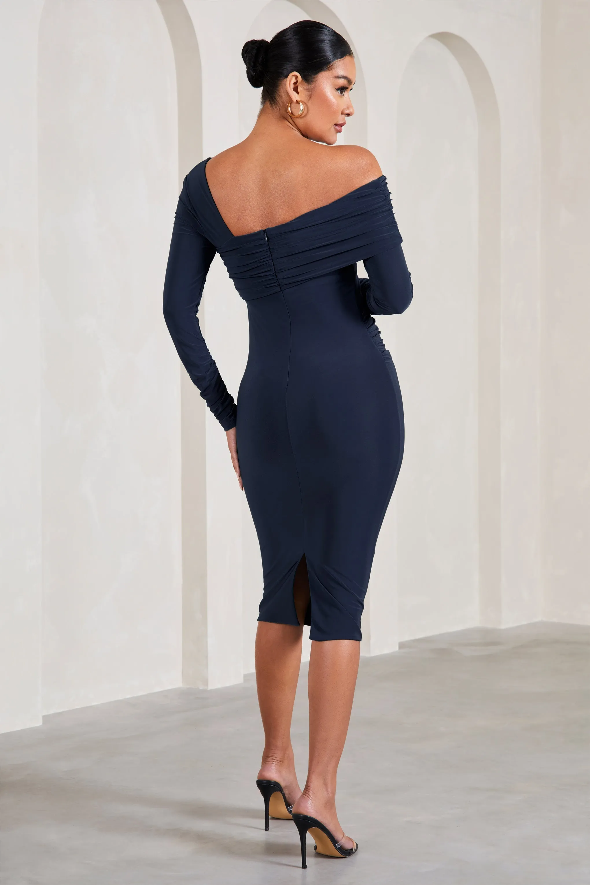 Heartbeat | Navy One-Shoulder Long-Sleeved Maternity Midi Dress