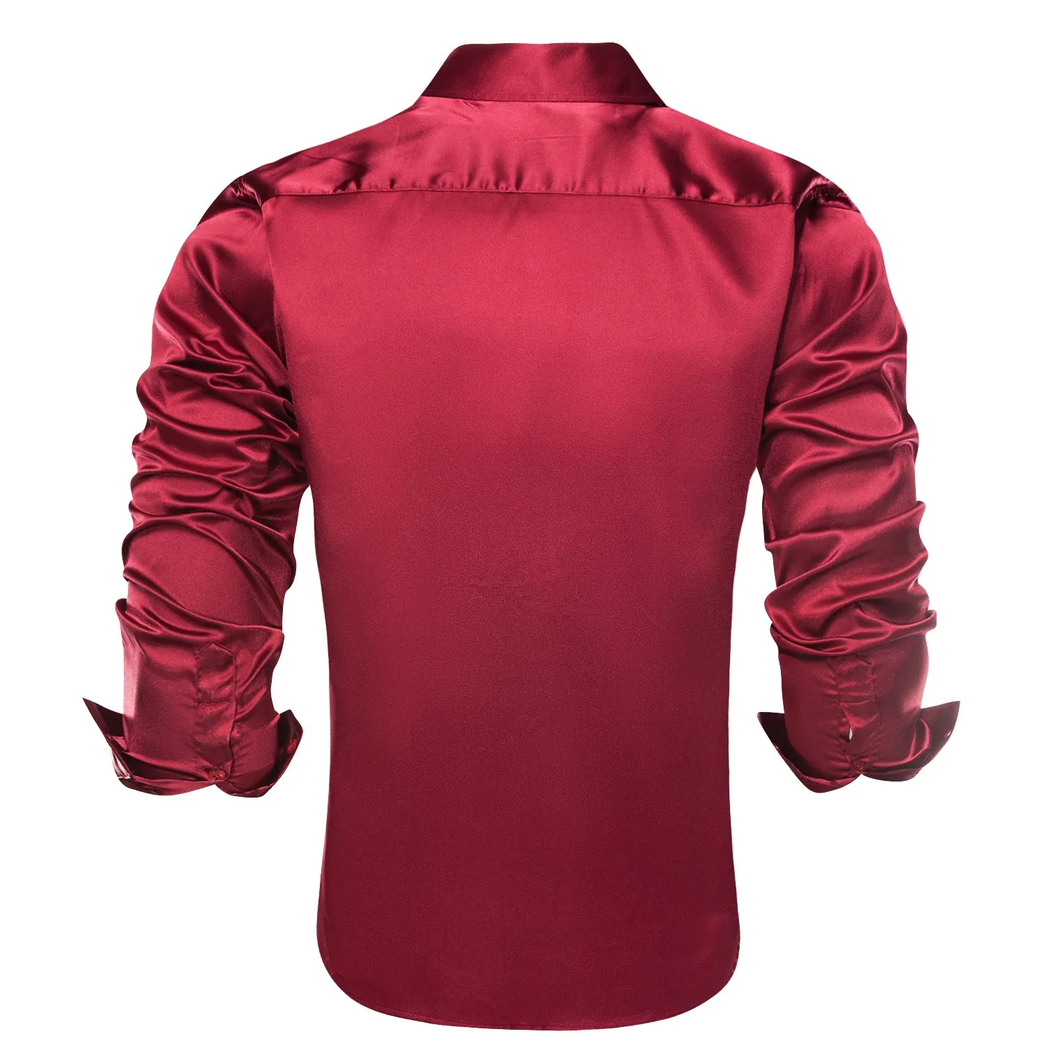 Hi-Tie Burgundy Red Solid Satin Silk Men's Long Sleeve Dress Shirt