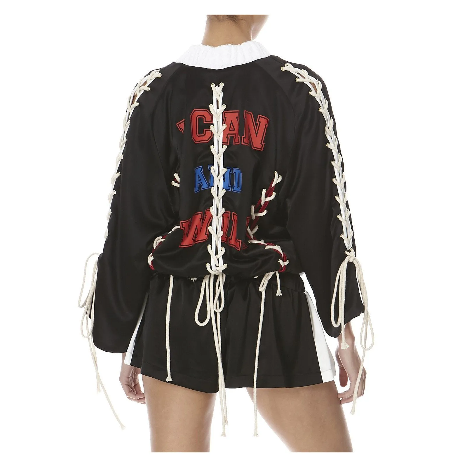 I CAN AND I WILL BLACK SATIN BOMBER JACKET