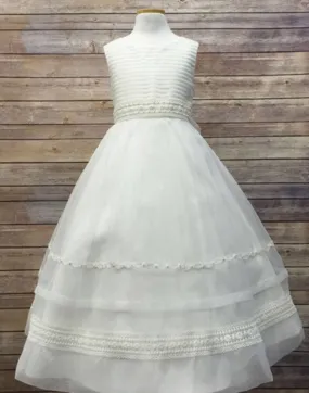 Ivory Striped Organza and Beaded Lace Trim Dress - Ivory