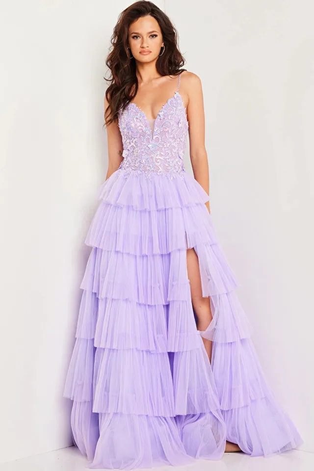 Jovani 37190 Long Prom Dress A-Line Sequin Plunging Neckline Layered Over Skirt High Slit Formal Pageant Gown