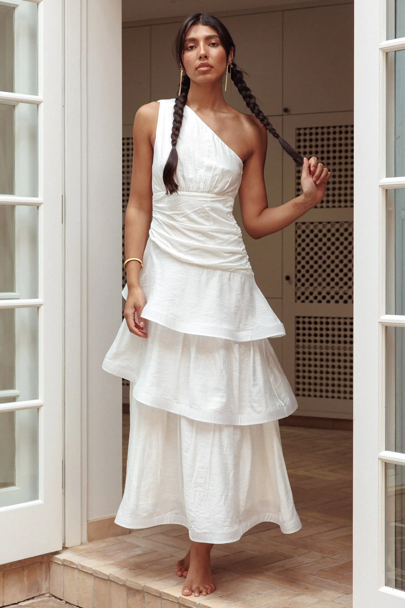 Kenny One Shoulder Tiered Maxi Dress White