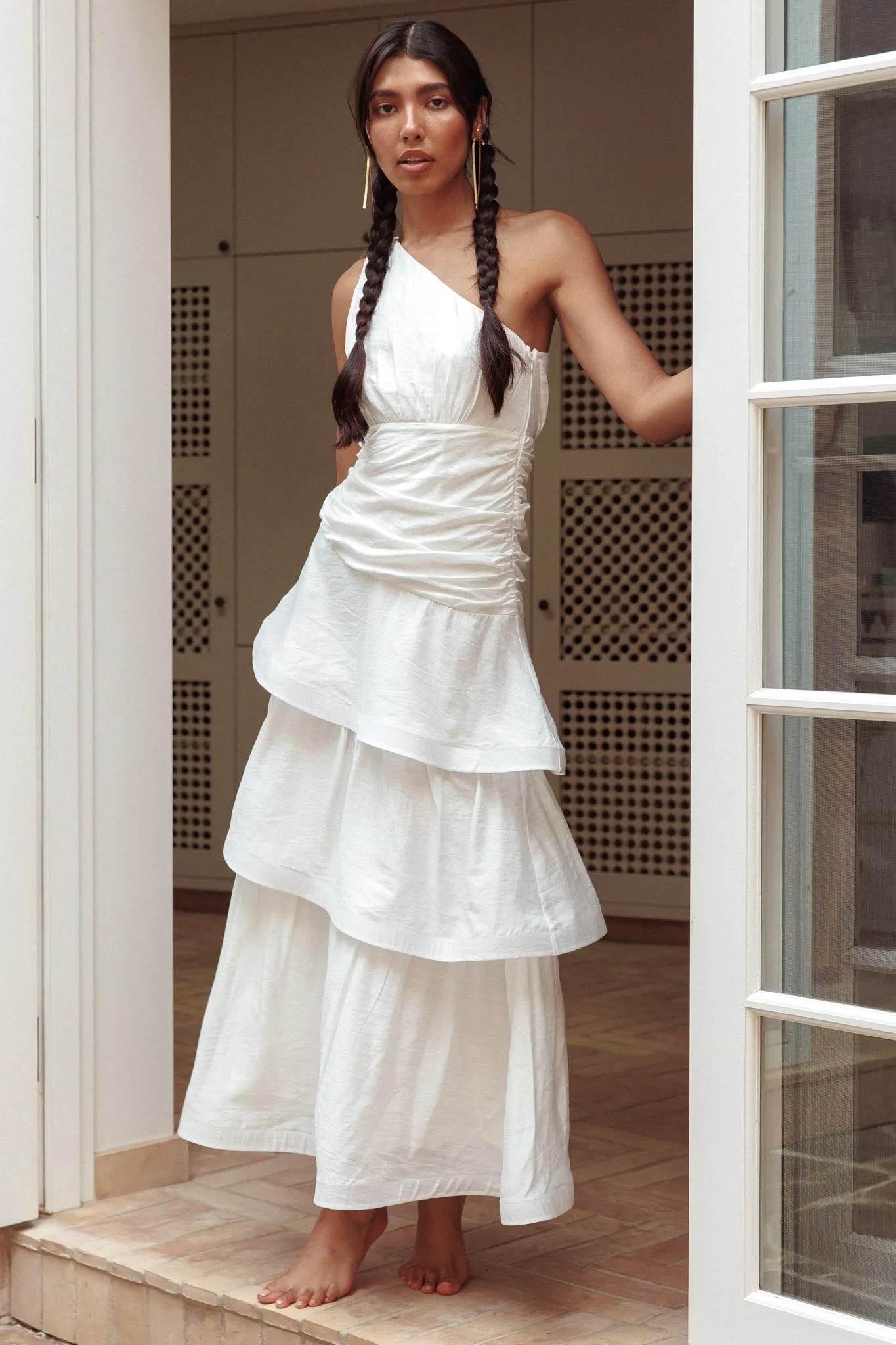 Kenny One Shoulder Tiered Maxi Dress White