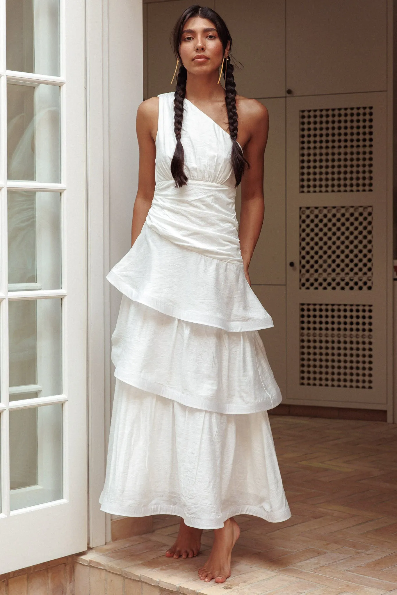 Kenny One Shoulder Tiered Maxi Dress White