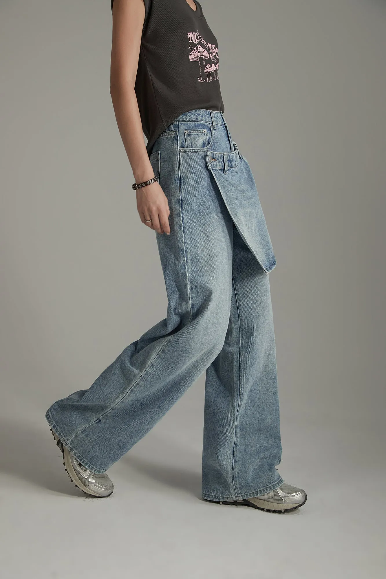 Layered False Skirt Wide Denim Jeans