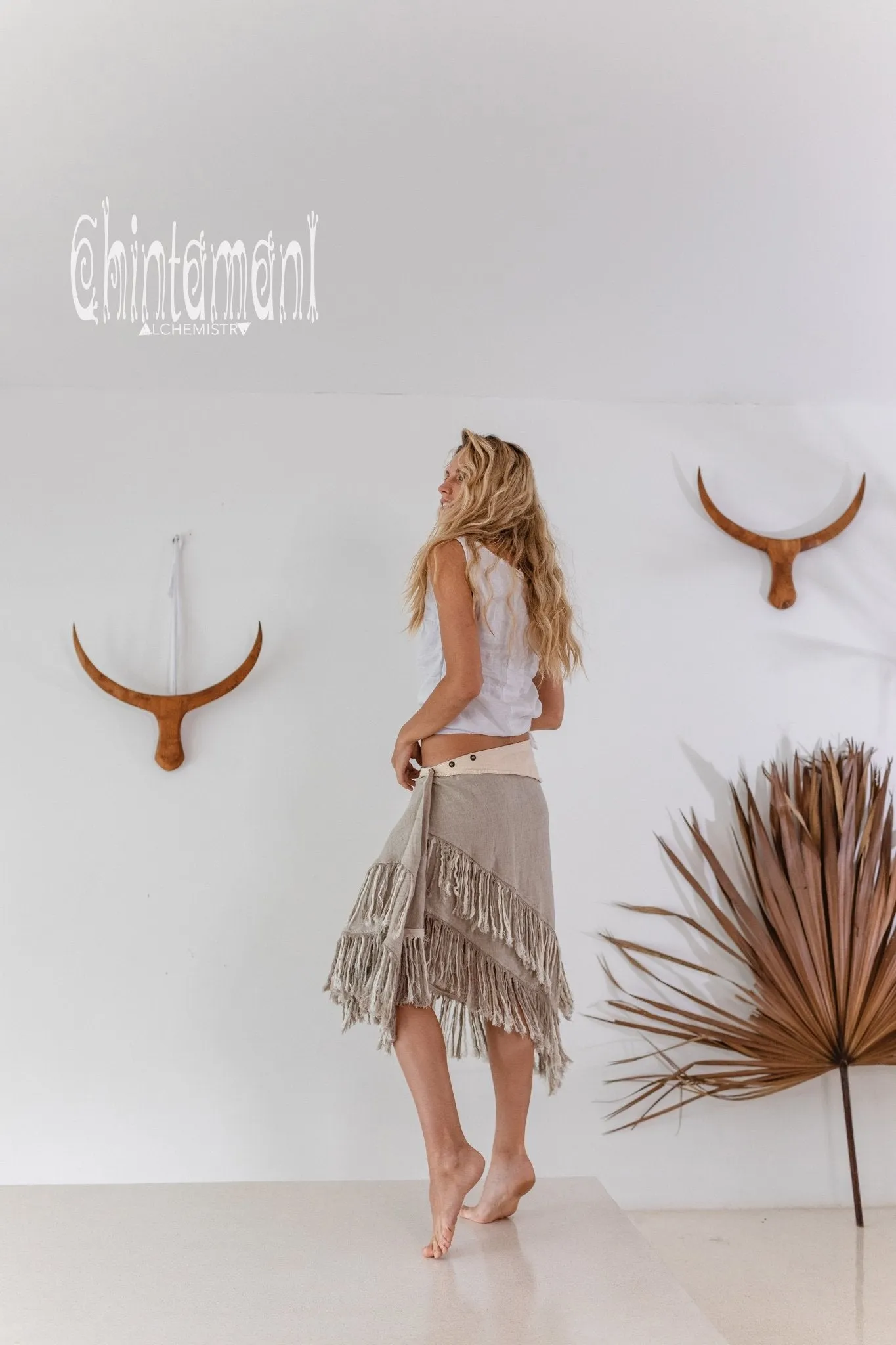 Linen Boho Wrap Skirt with Fringes / Natural Gray