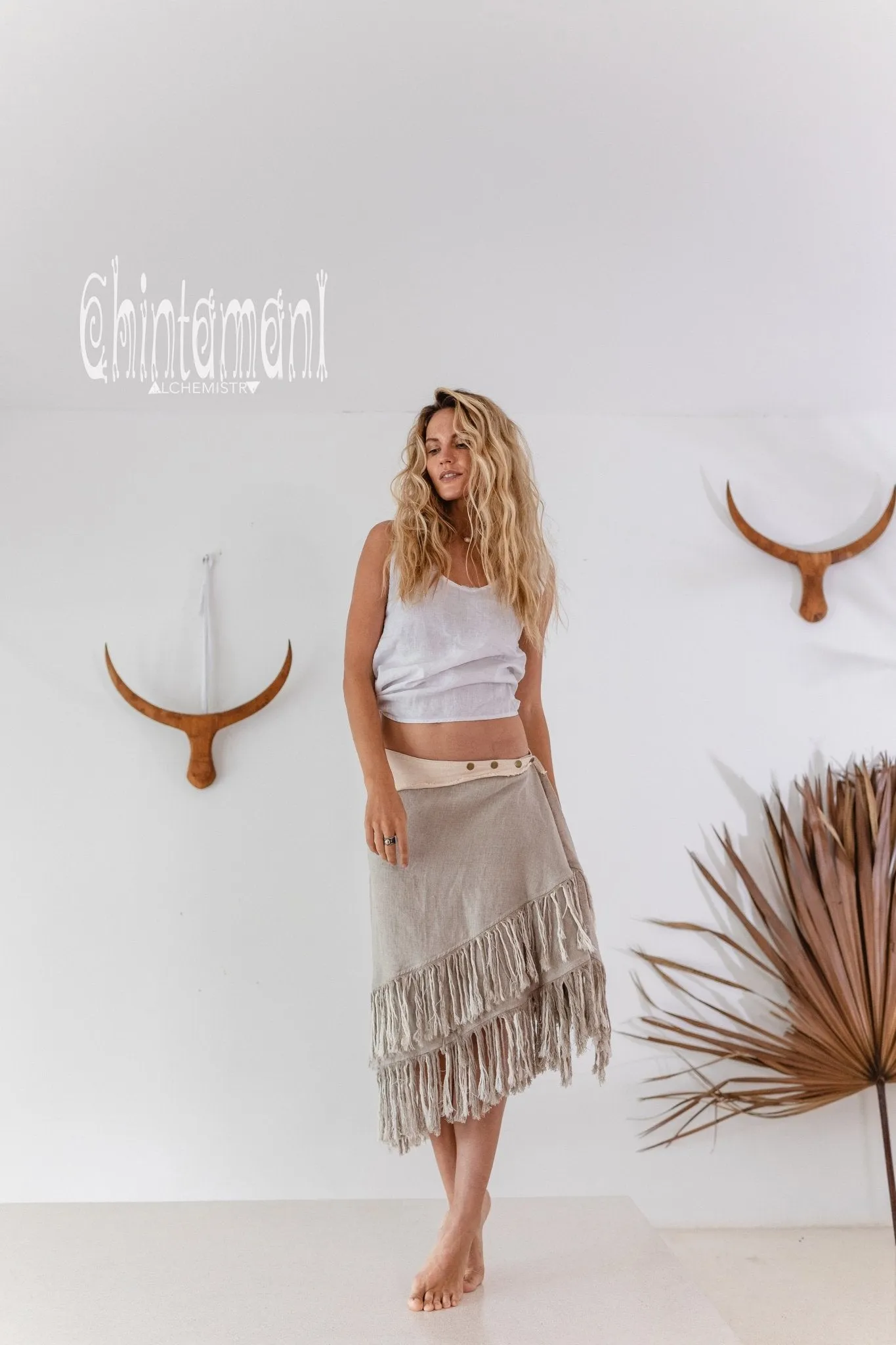 Linen Boho Wrap Skirt with Fringes / Natural Gray