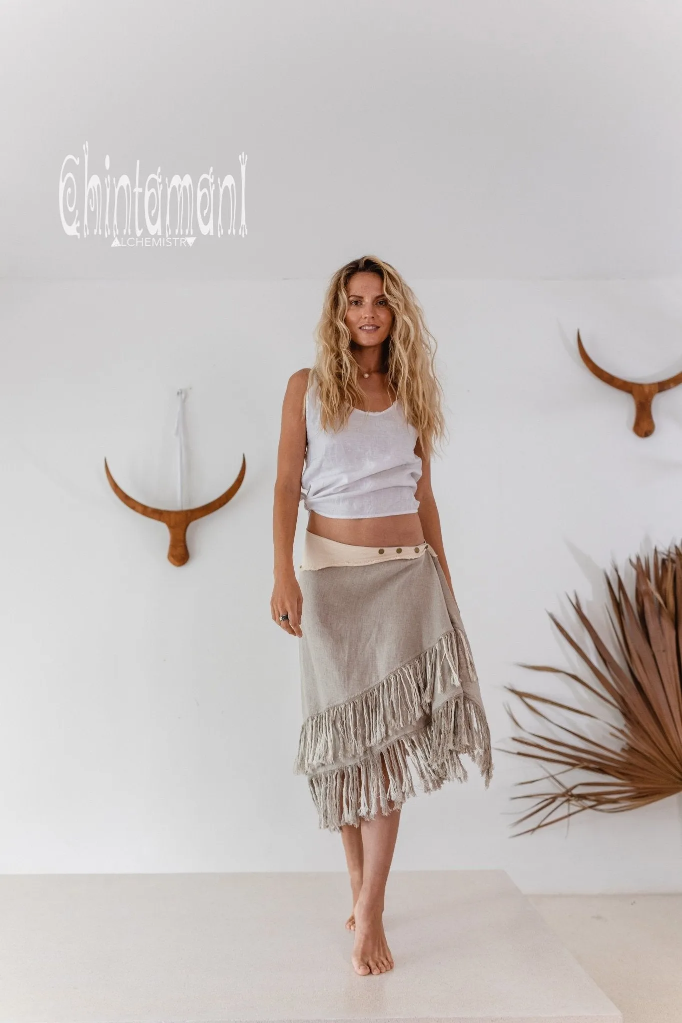 Linen Boho Wrap Skirt with Fringes / Natural Gray