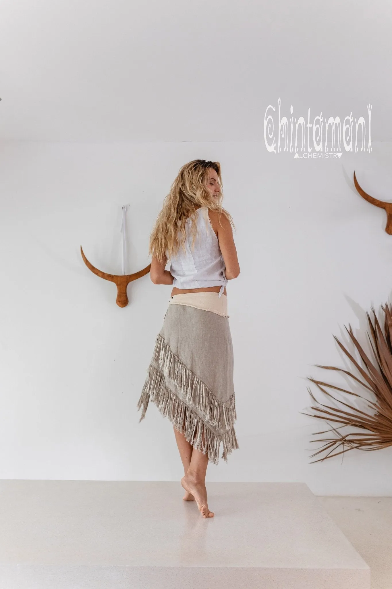 Linen Boho Wrap Skirt with Fringes / Natural Gray