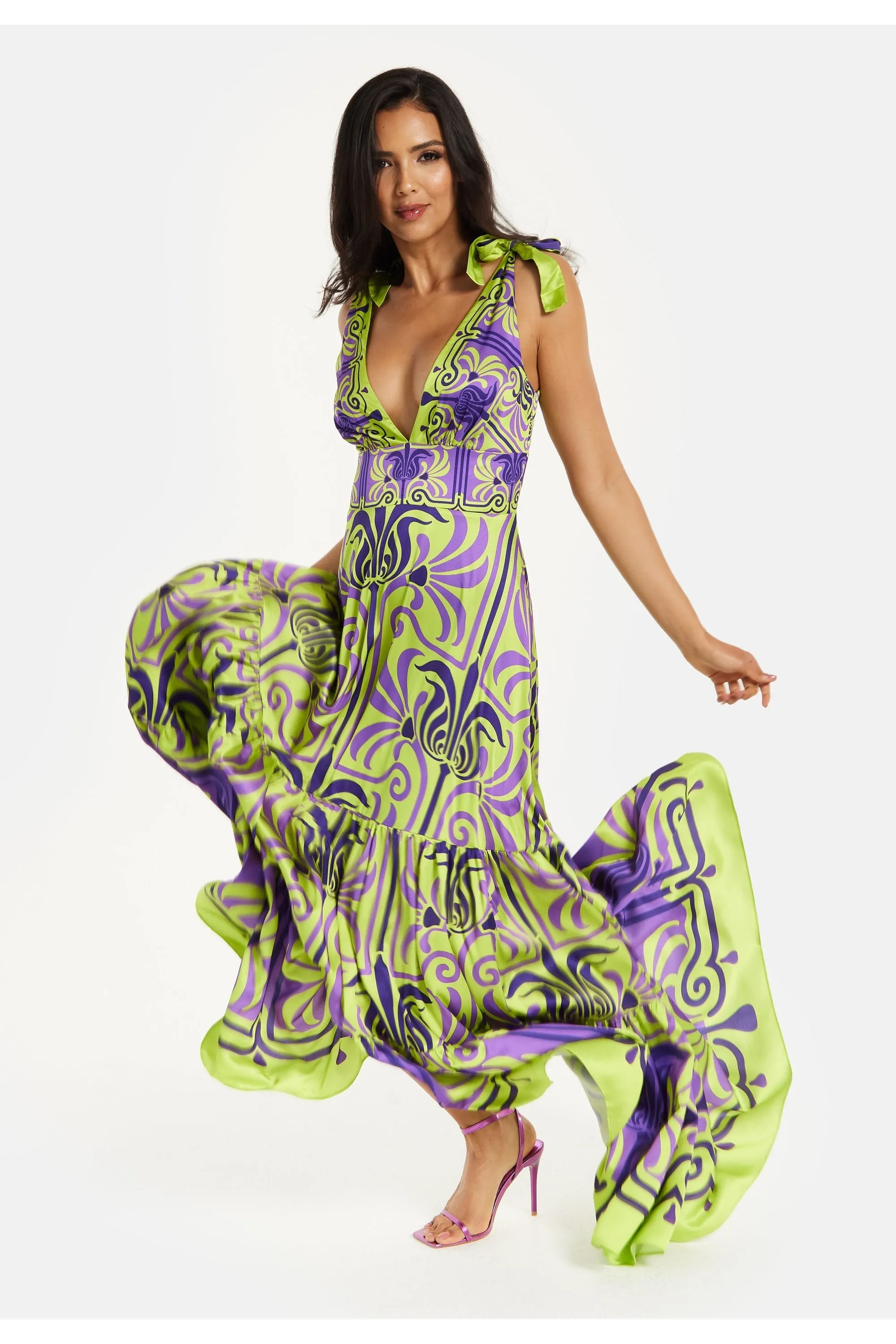 Liquorish Printed Deep V Neck Maxi Dress