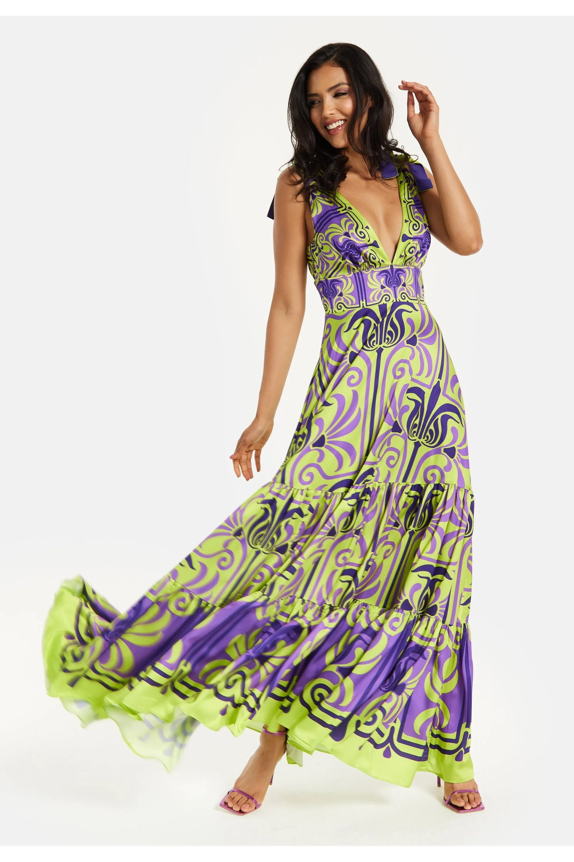 Liquorish Printed Deep V Neck Maxi Dress