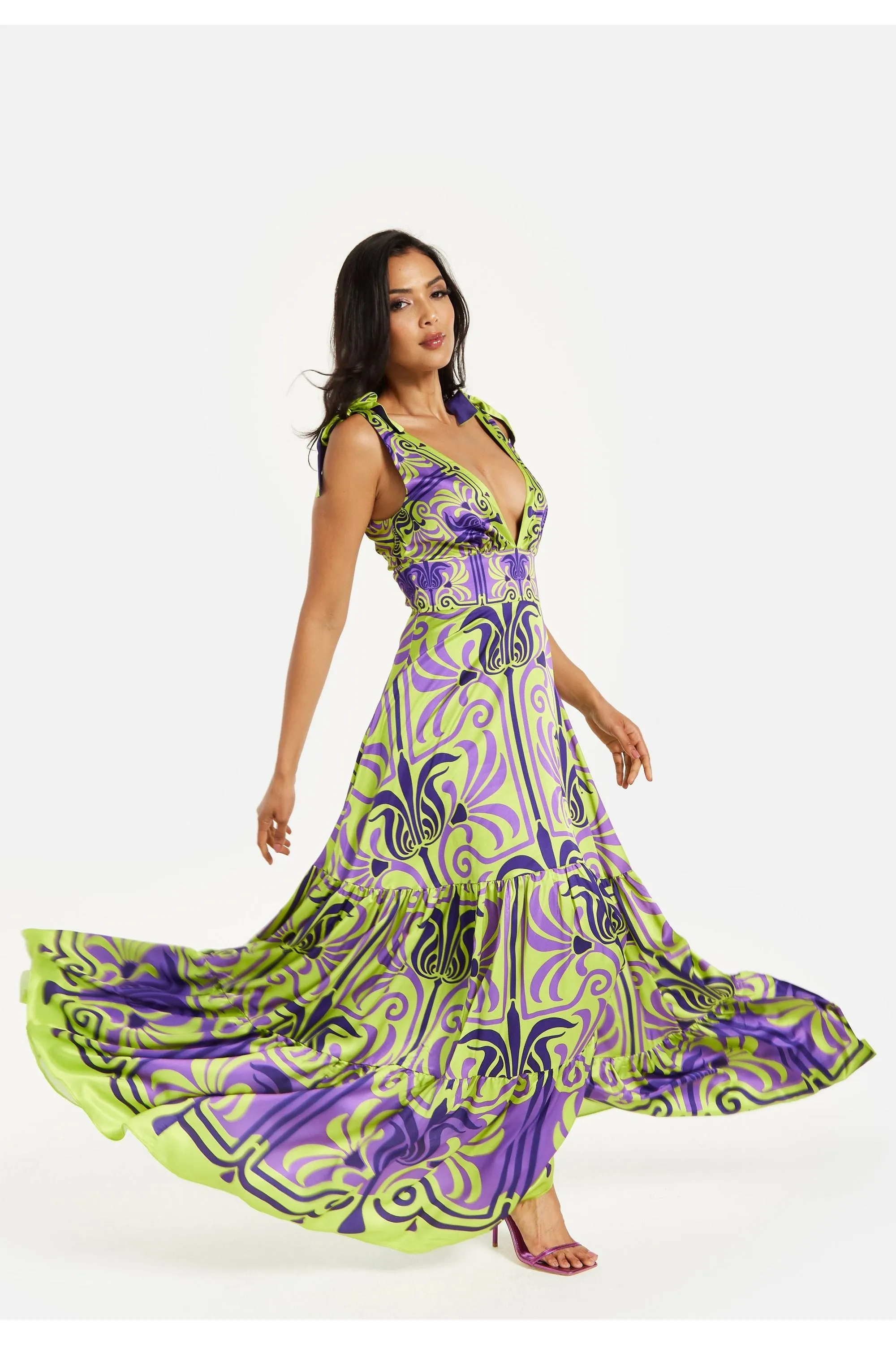 Liquorish Printed Deep V Neck Maxi Dress