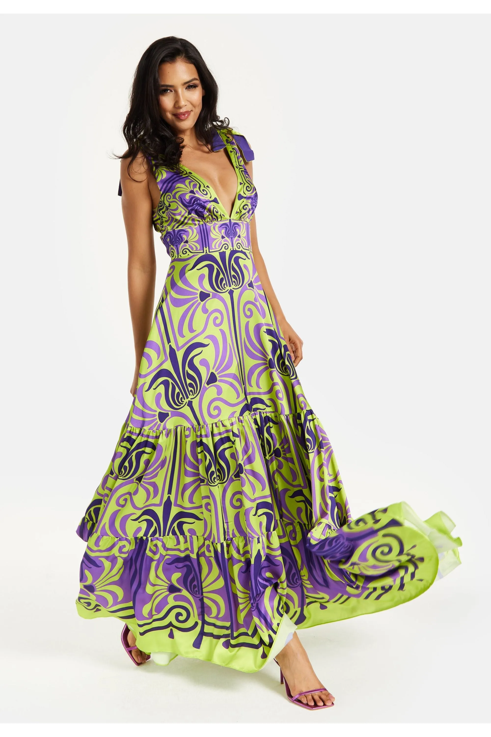 Liquorish Printed Deep V Neck Maxi Dress