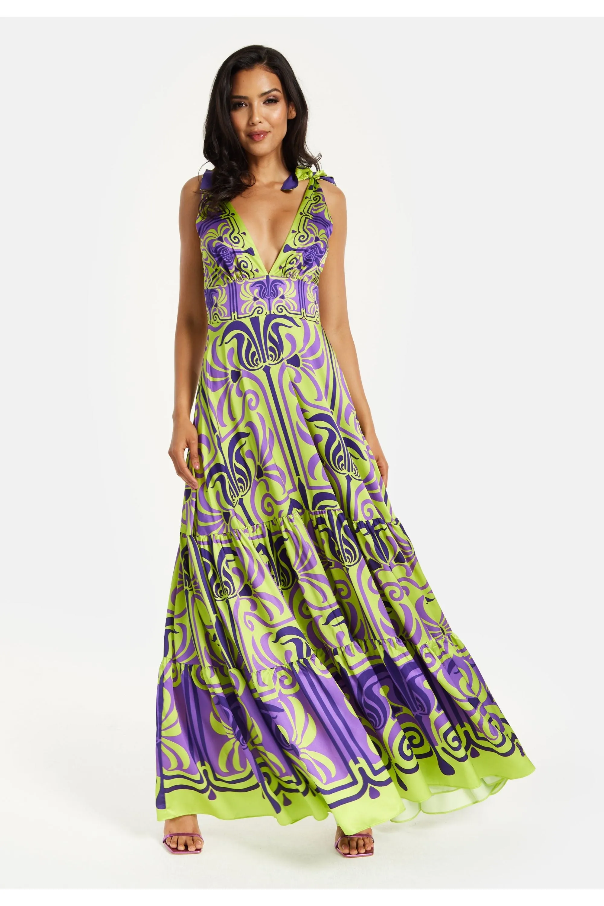 Liquorish Printed Deep V Neck Maxi Dress