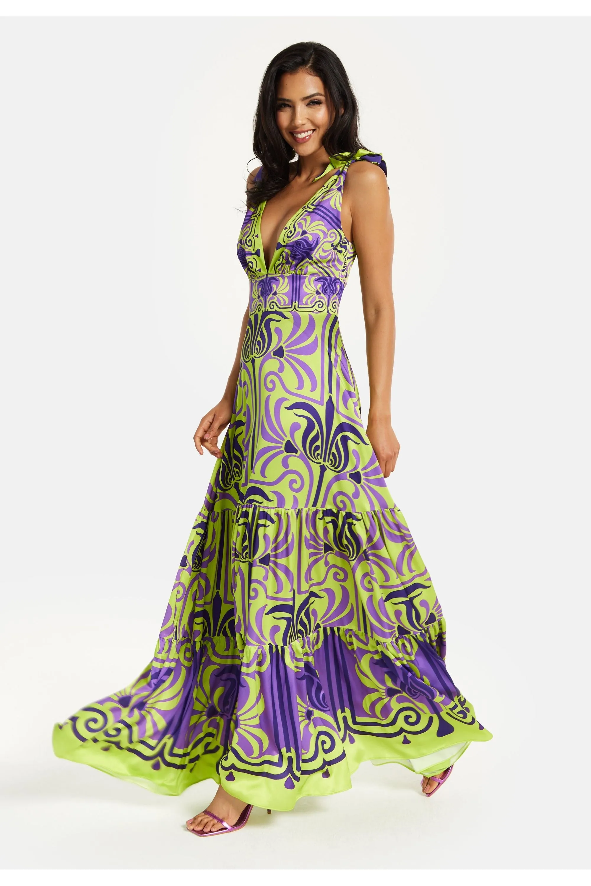 Liquorish Printed Deep V Neck Maxi Dress