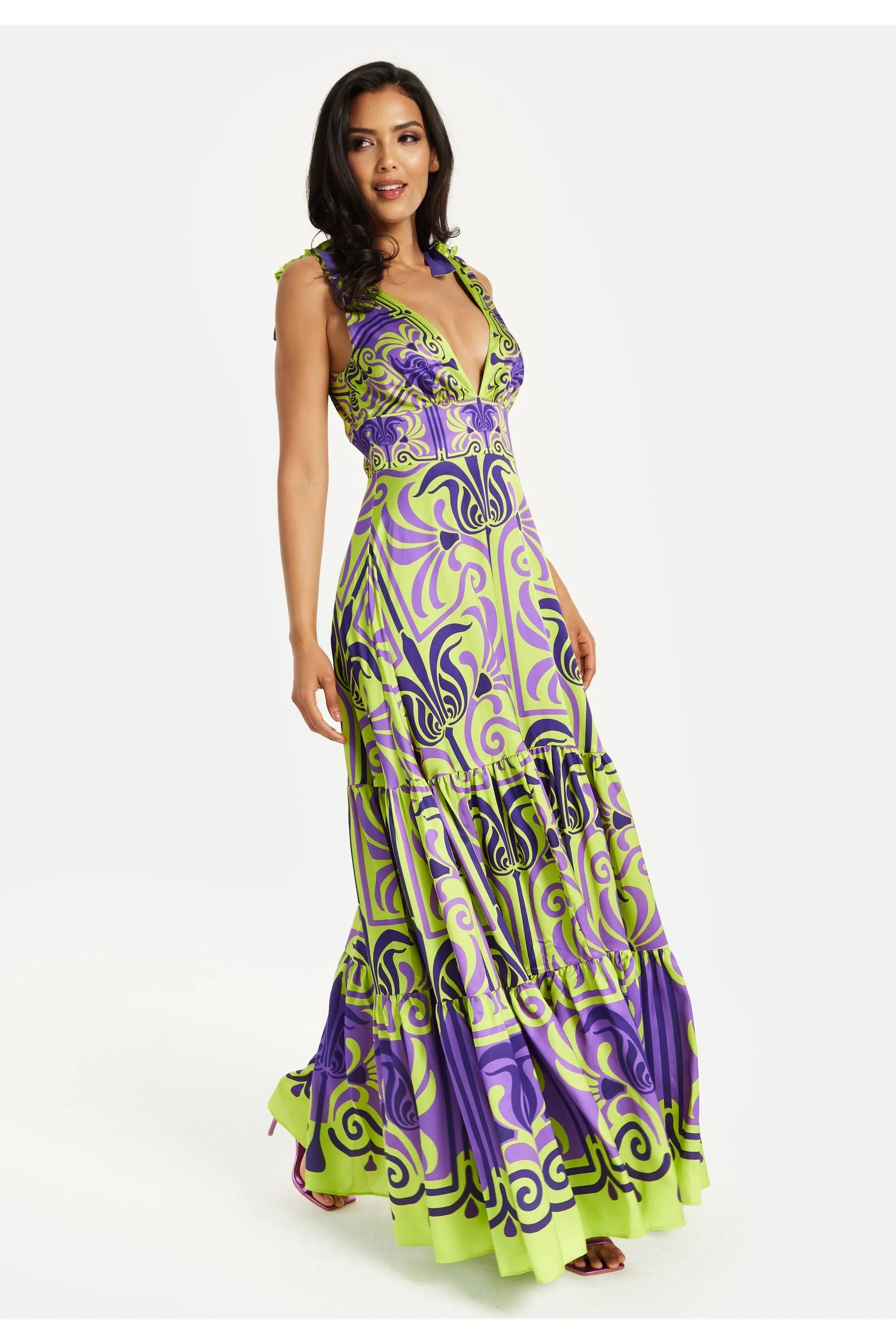 Liquorish Printed Deep V Neck Maxi Dress