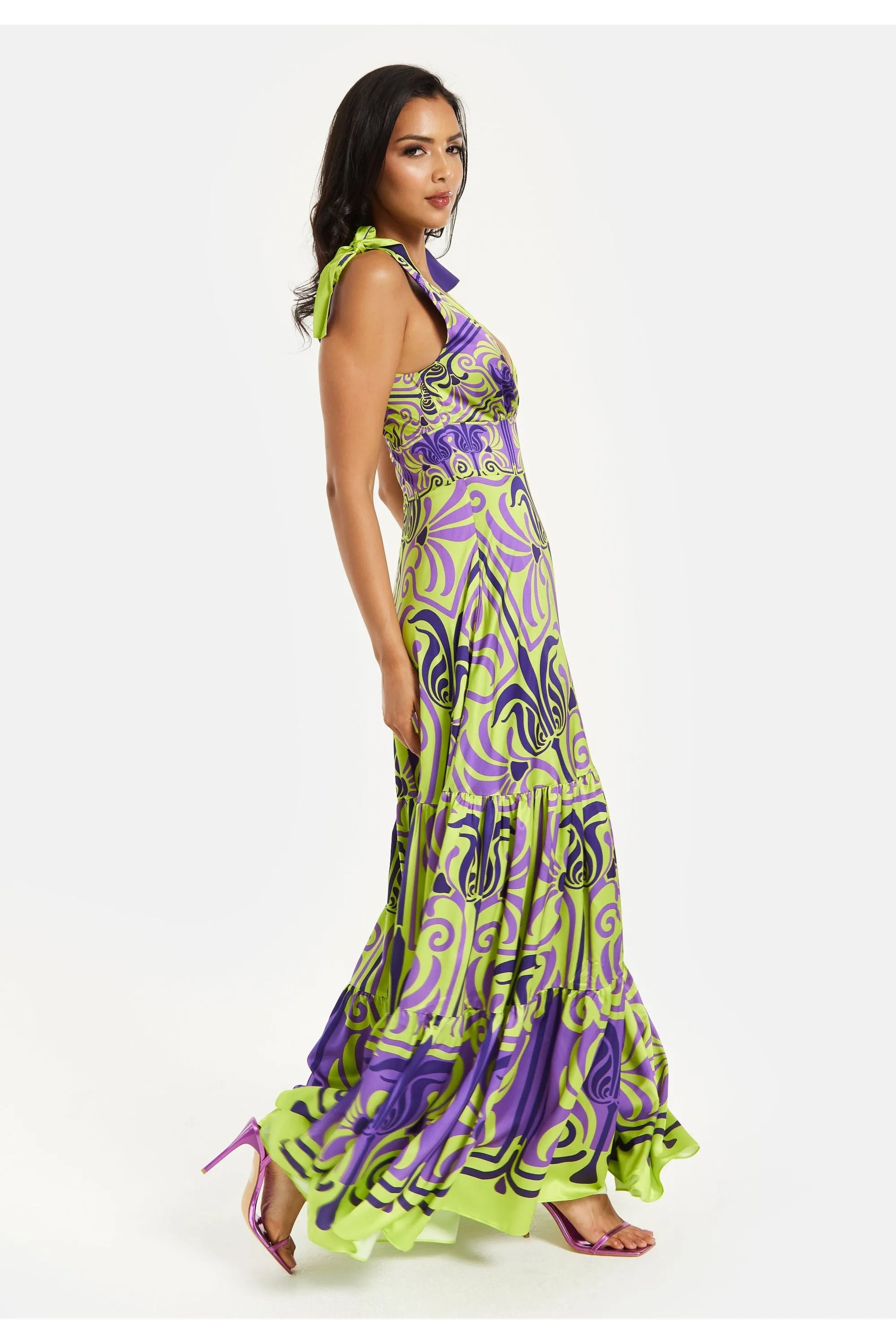 Liquorish Printed Deep V Neck Maxi Dress