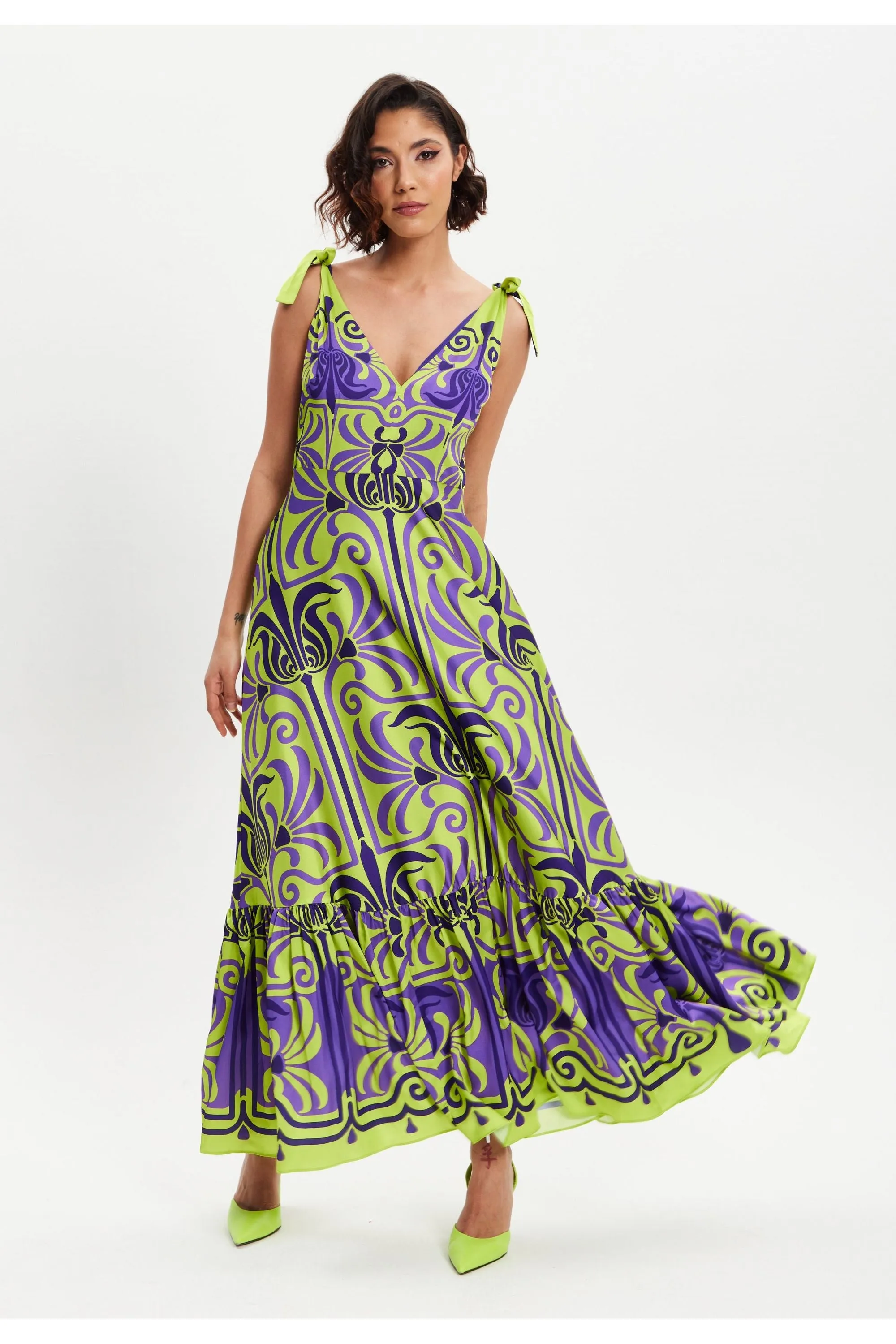 Liquorish Printed Deep V Neck Maxi Dress