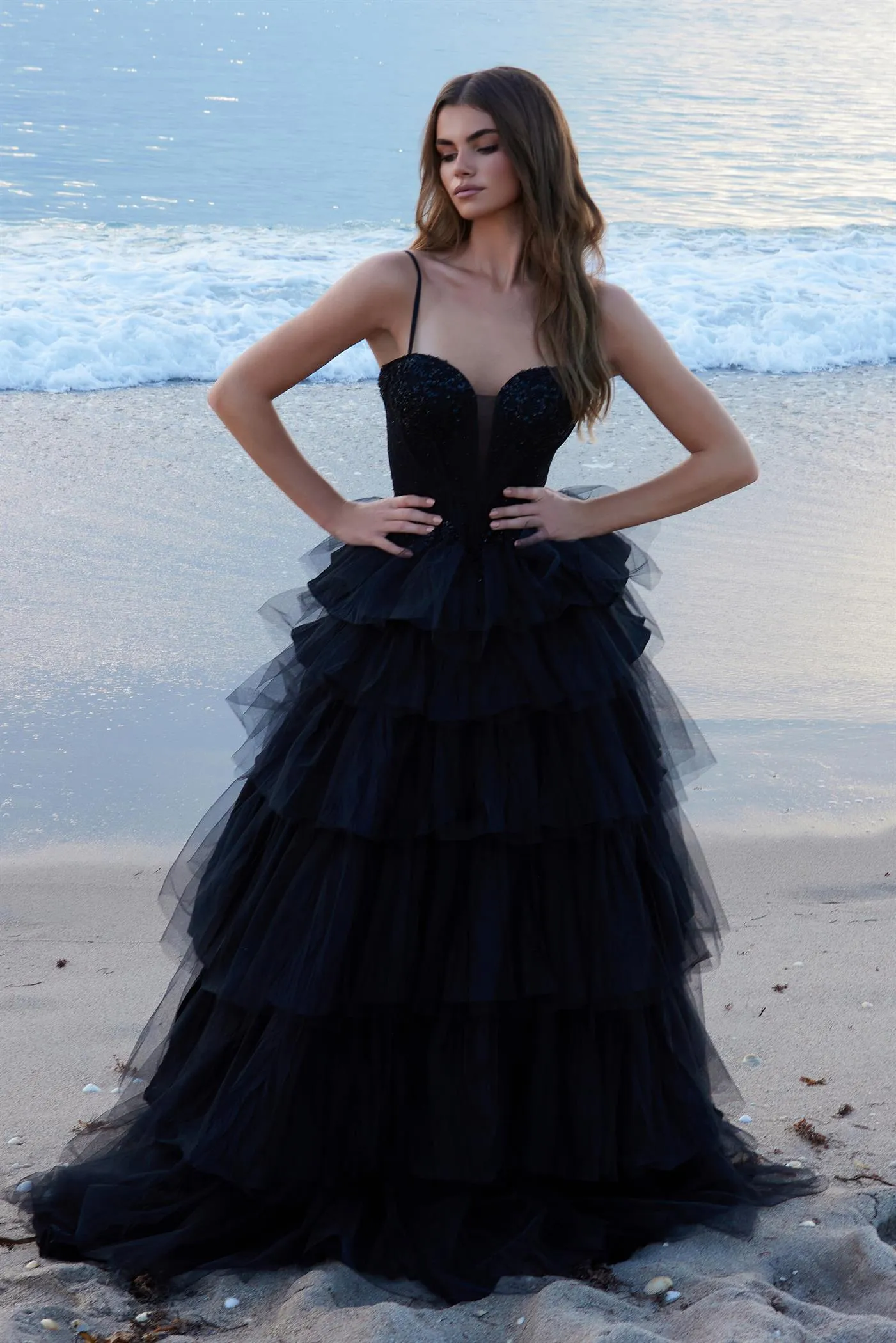 LUCIE Sequin Applique Tulle Layered Prom & Formal Gown