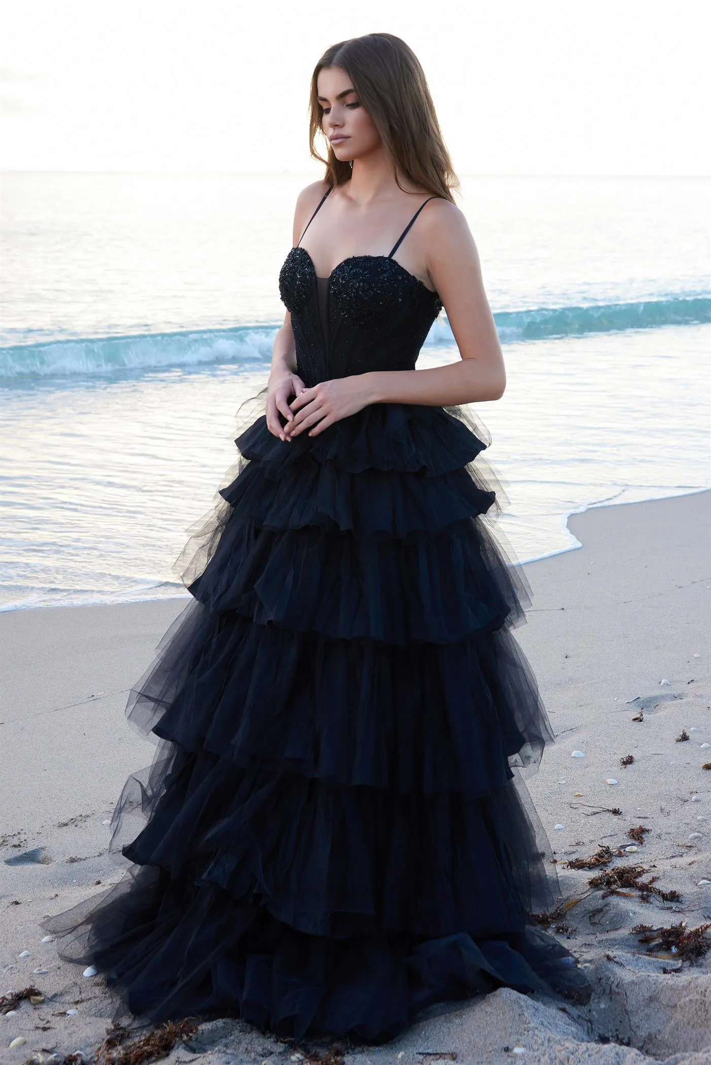 LUCIE Sequin Applique Tulle Layered Prom & Formal Gown