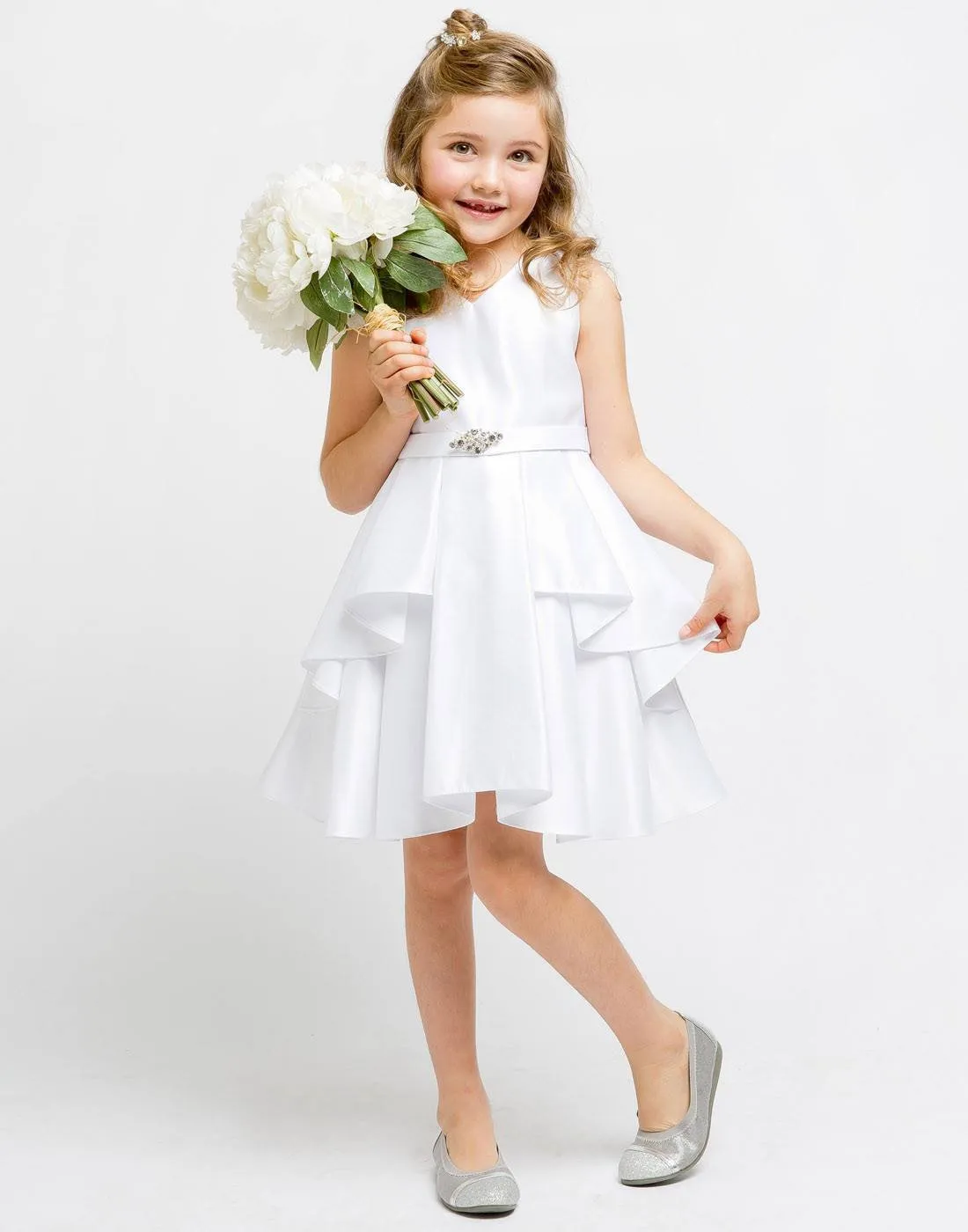 Lustrous Satin Layered Dress with a Rhinestone Brooch - White