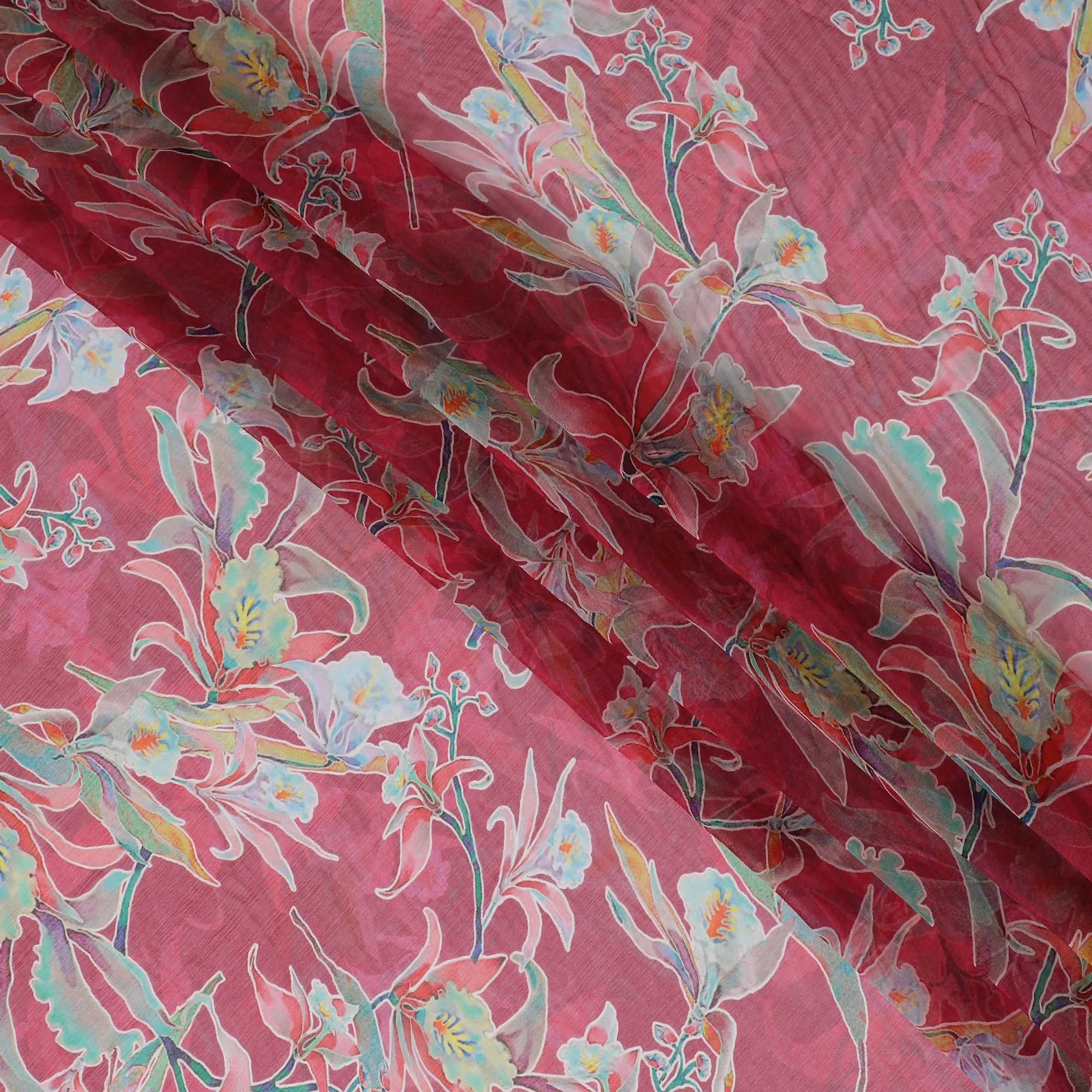 Magenta pink Premium pure wrinkle silk chiffon fabric with multicolor print in floral design-D17001