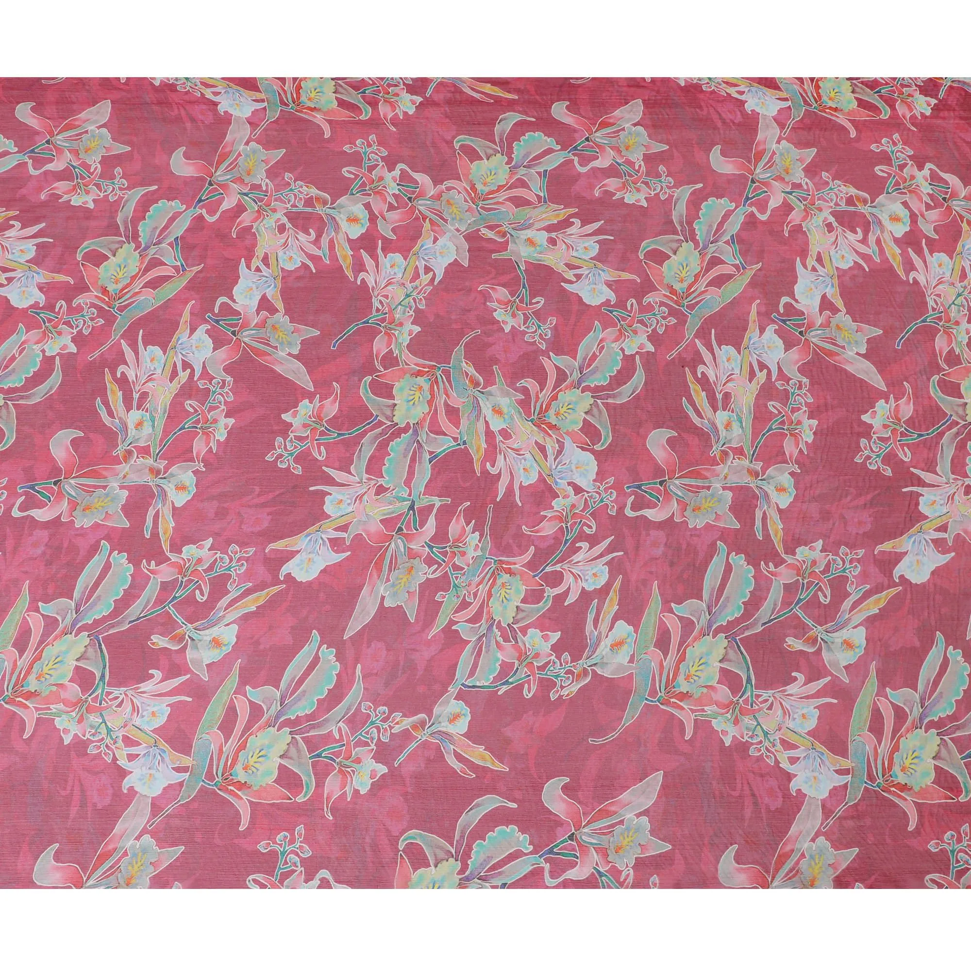 Magenta pink Premium pure wrinkle silk chiffon fabric with multicolor print in floral design-D17001