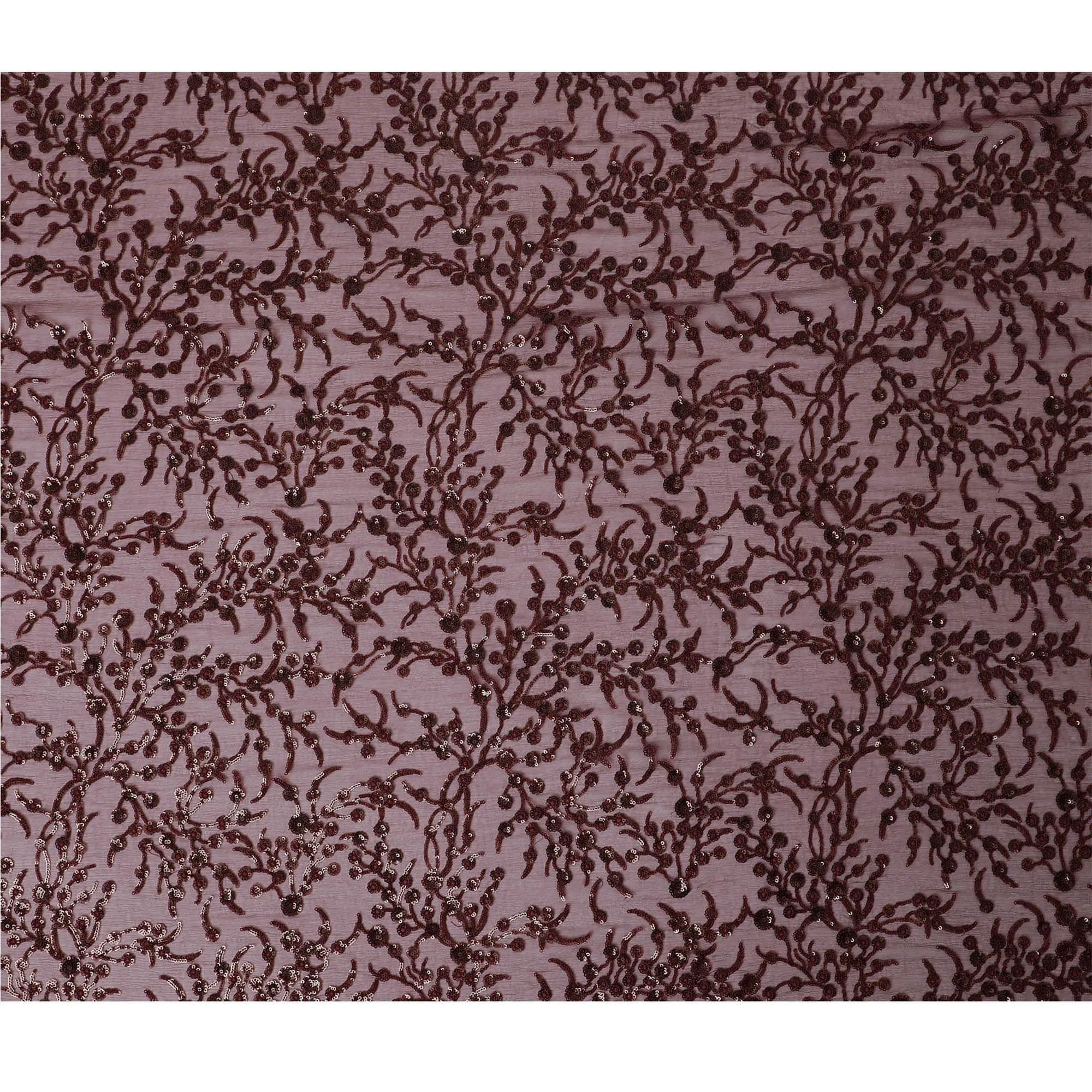 Maroon Premium pure silk chiffon fabric with same tone sequin embroidery in floral design-D13199