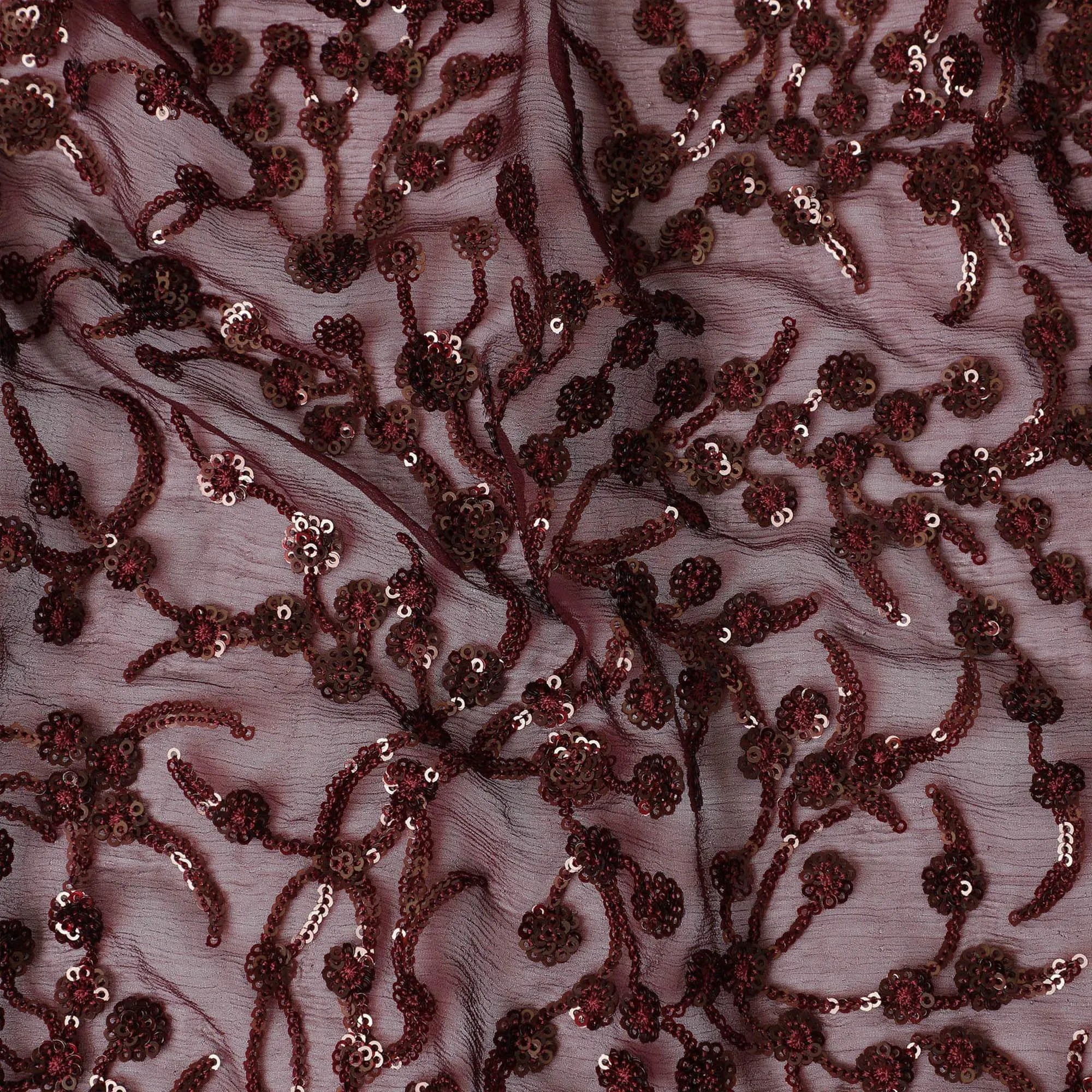 Maroon Premium pure silk chiffon fabric with same tone sequin embroidery in floral design-D13199