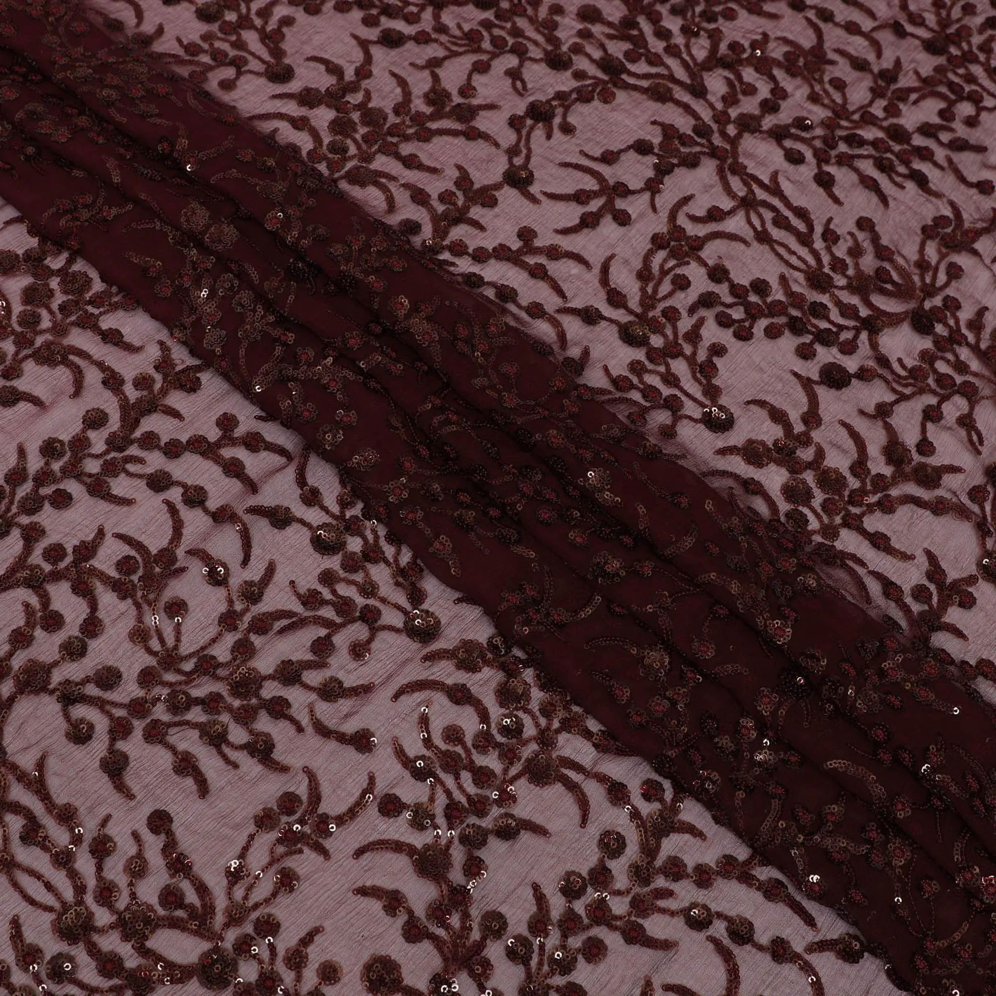 Maroon Premium pure silk chiffon fabric with same tone sequin embroidery in floral design-D13199