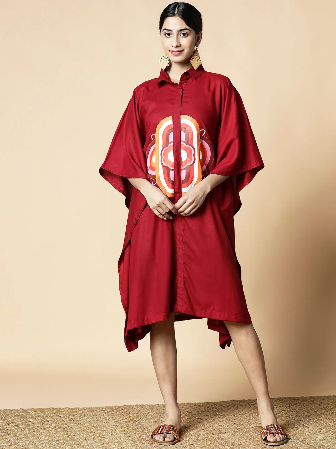 Maroon Rayon Shirt-Kaftan - Orange