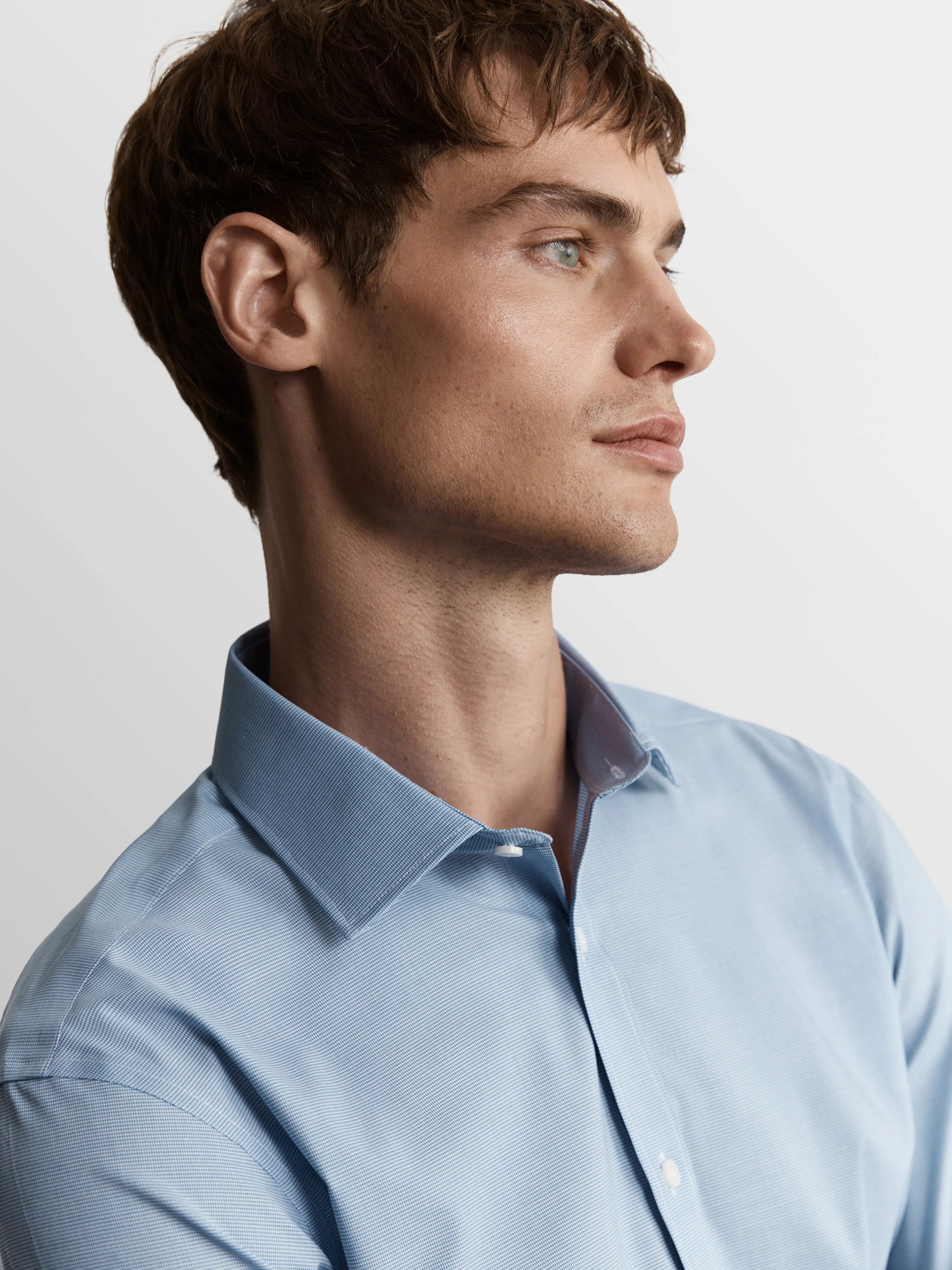 Max Performance Blue Puppytooth Plain Weave Fitted Single Cuff Classic Collar Shirt