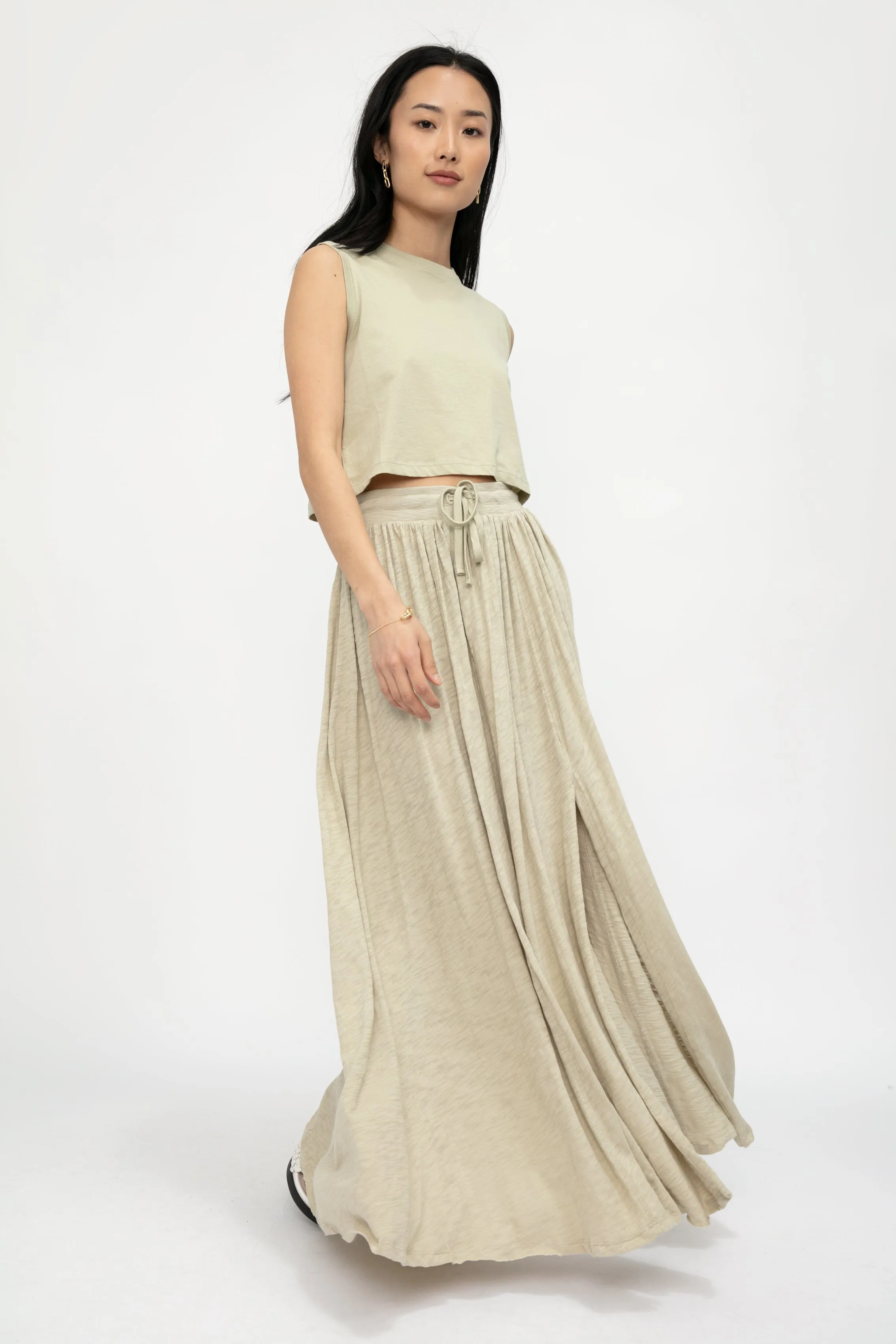 Maxi Skirt With Slit in Faded Moss