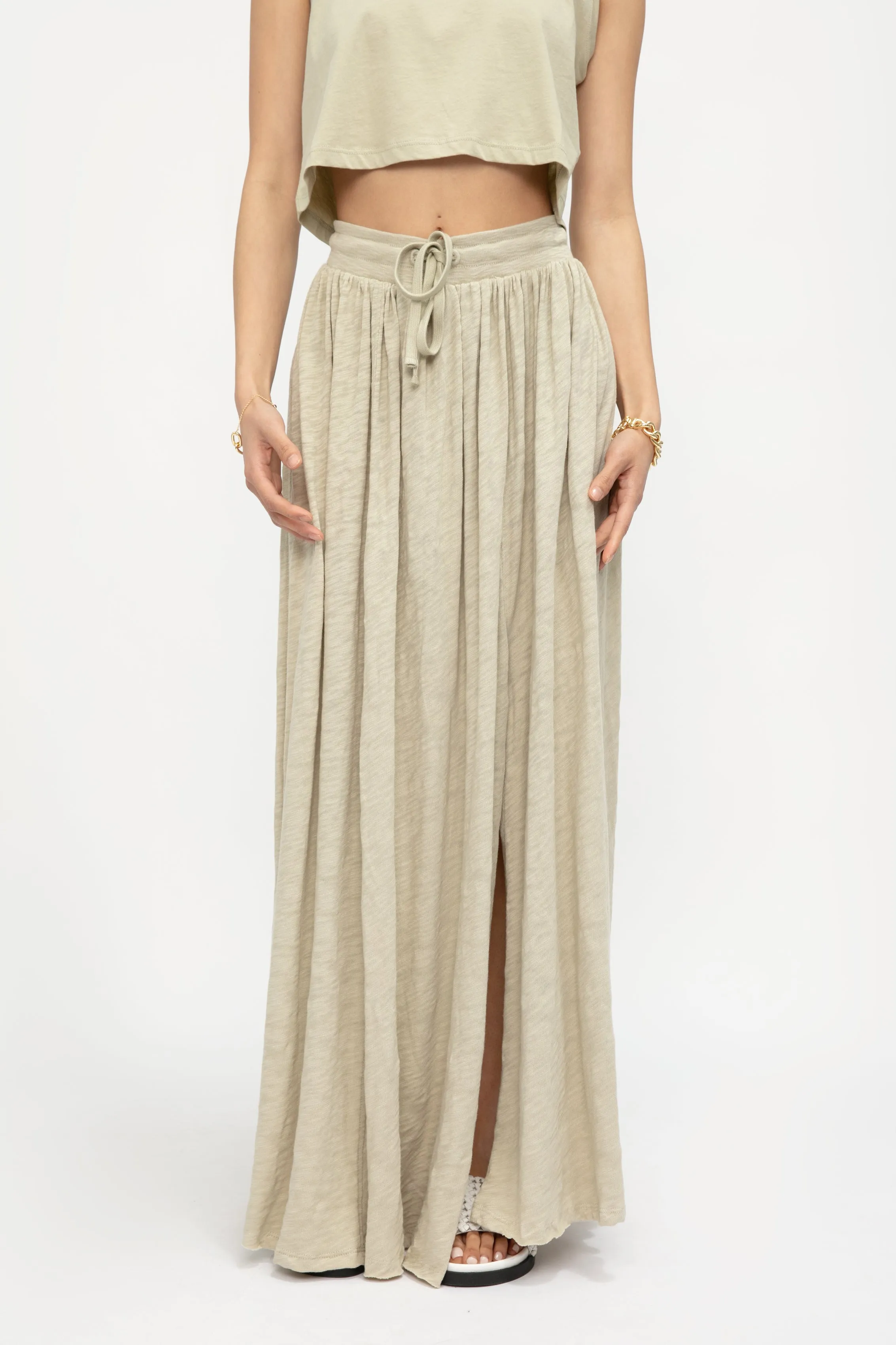 Maxi Skirt With Slit in Faded Moss