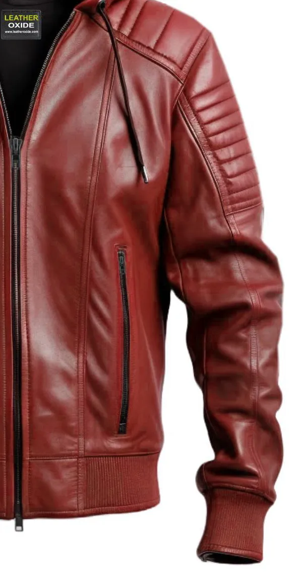 Men Red hooded Leather Biker Jacket