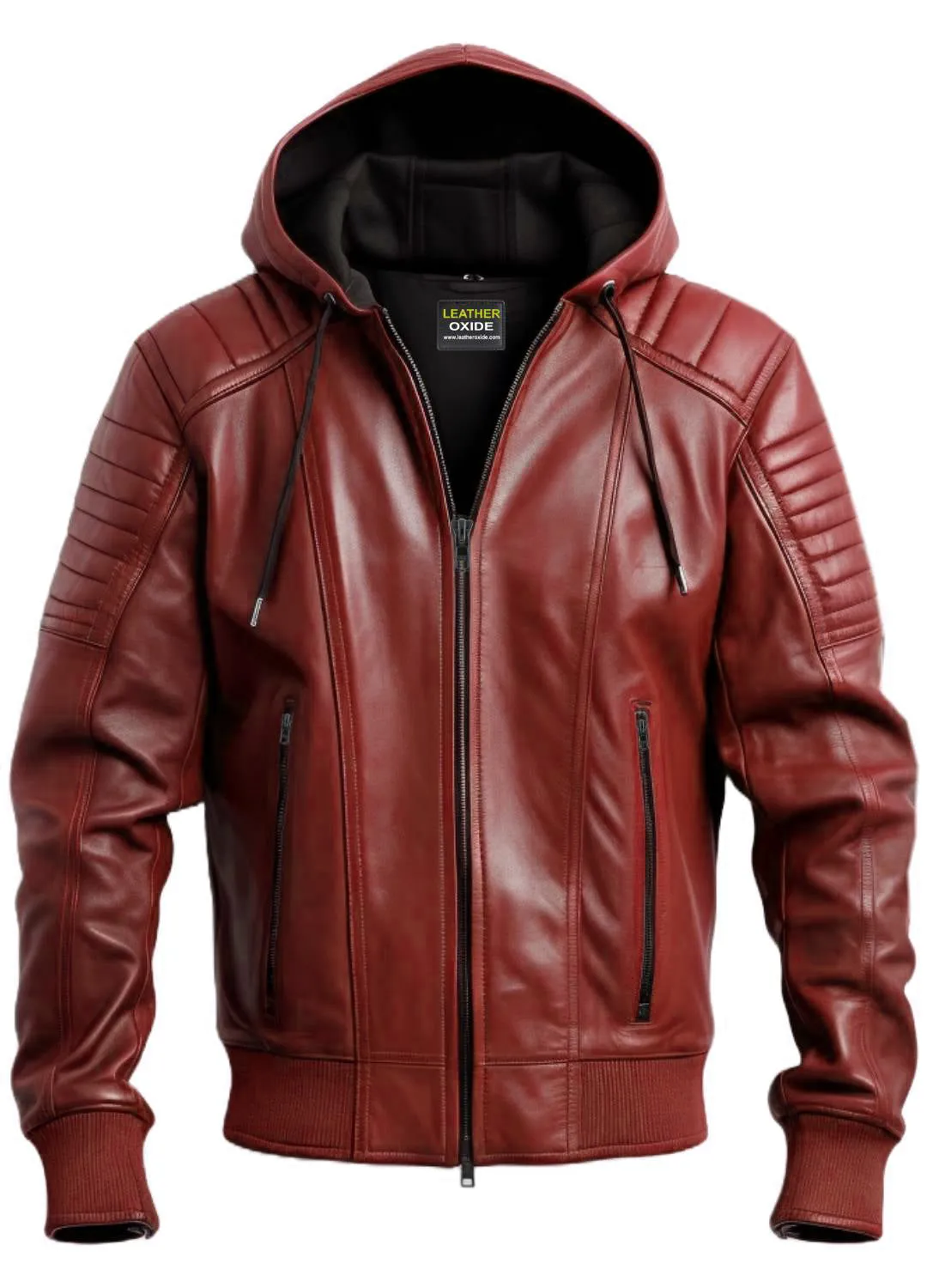 Men Red hooded Leather Biker Jacket