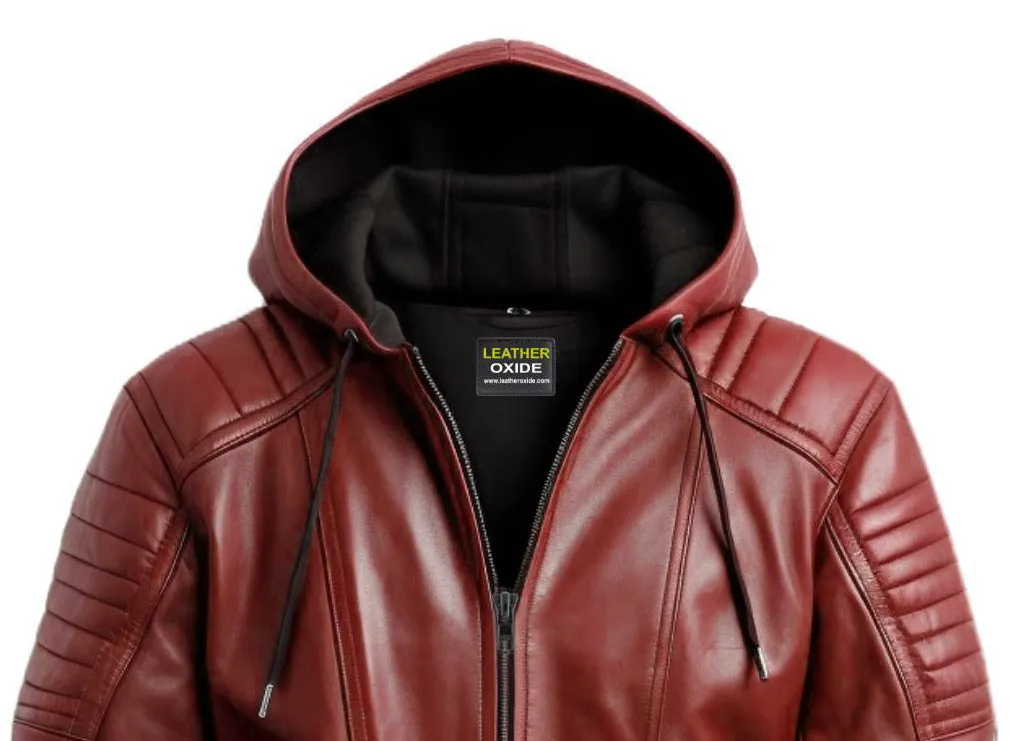 Men Red hooded Leather Biker Jacket